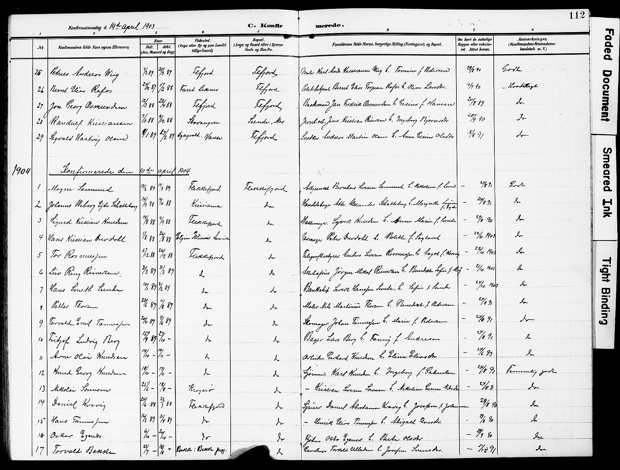 Flekkefjord sokneprestkontor, AV/SAK-1111-0012/F/Fb/Fba/L0001: Parish register (copy) no. B 1, 1903-1931, p. 112