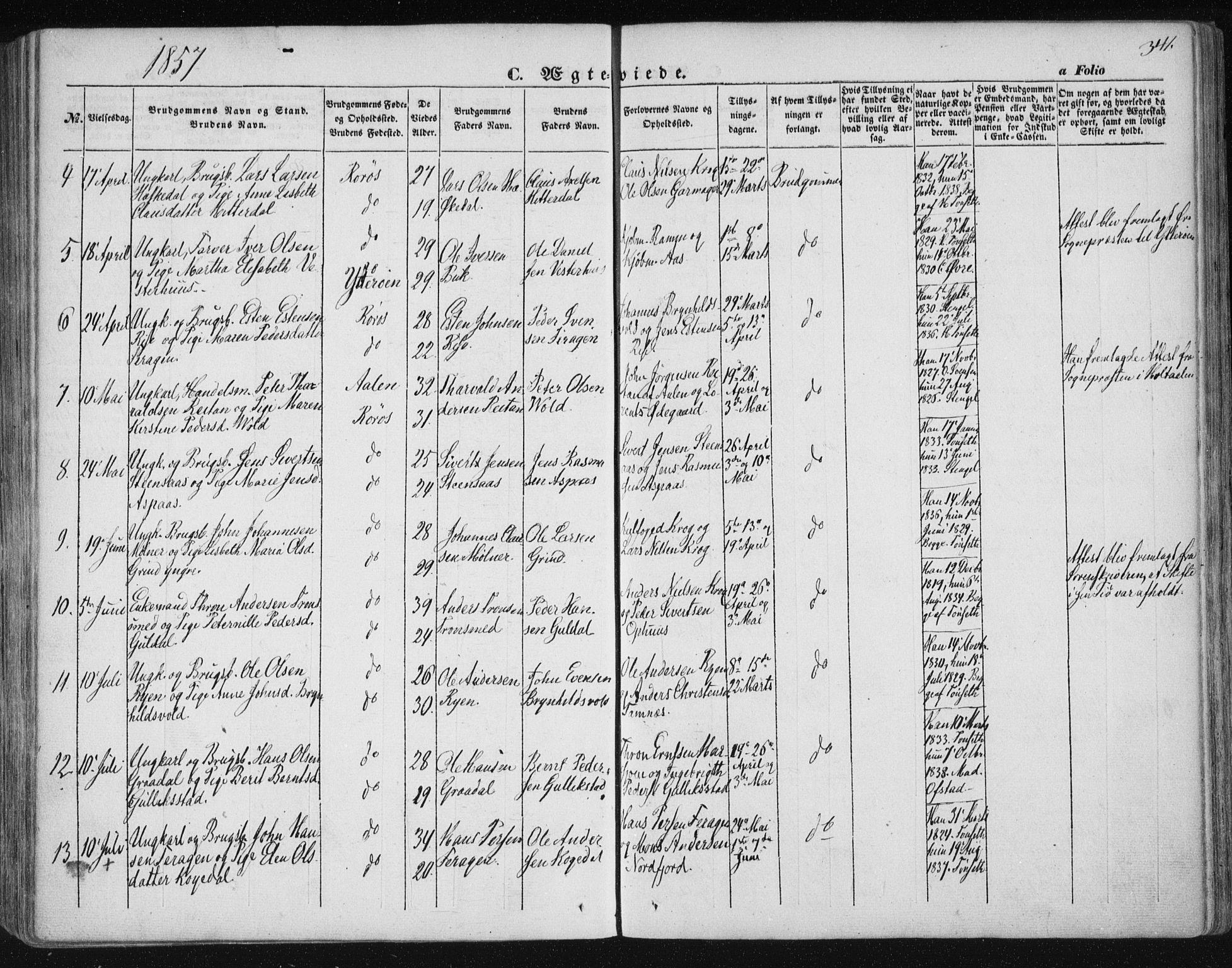 Ministerialprotokoller, klokkerbøker og fødselsregistre - Sør-Trøndelag, SAT/A-1456/681/L0931: Parish register (official) no. 681A09, 1845-1859, p. 341
