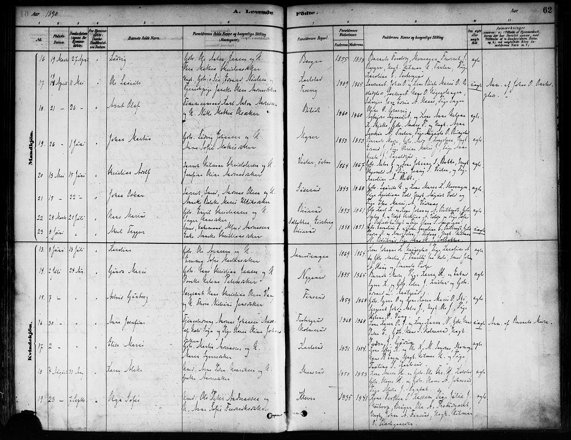 Skiptvet prestekontor Kirkebøker, AV/SAO-A-20009/F/Fa/L0009: Parish register (official) no. 9, 1878-1900, p. 62