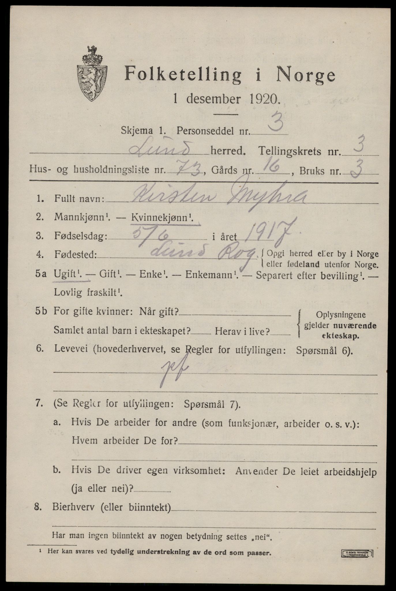 SAST, 1920 census for Lund, 1920, p. 2110