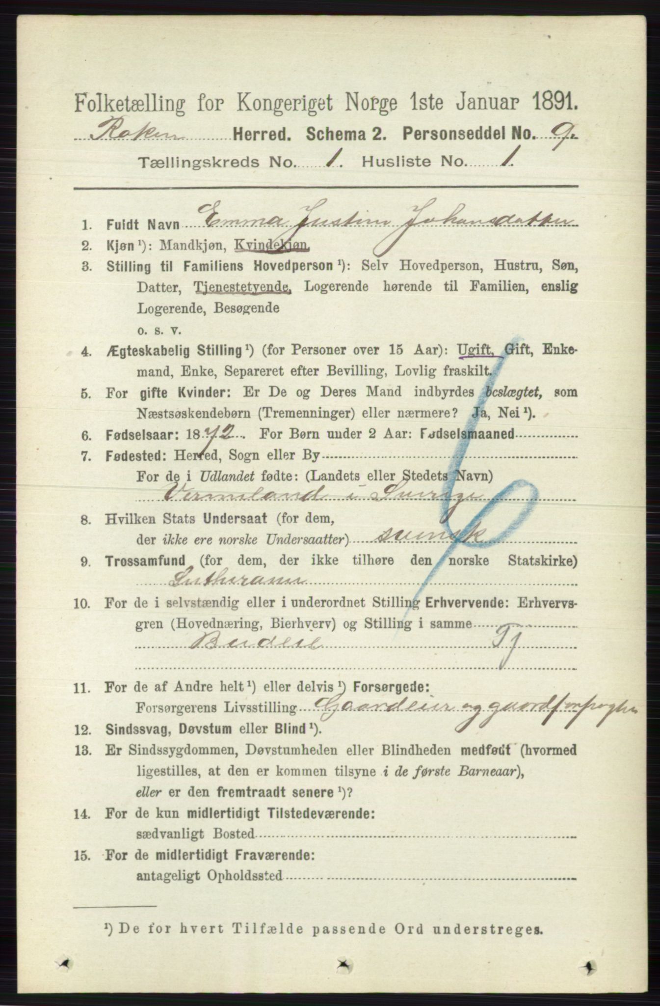 RA, 1891 census for 0627 Røyken, 1891, p. 92