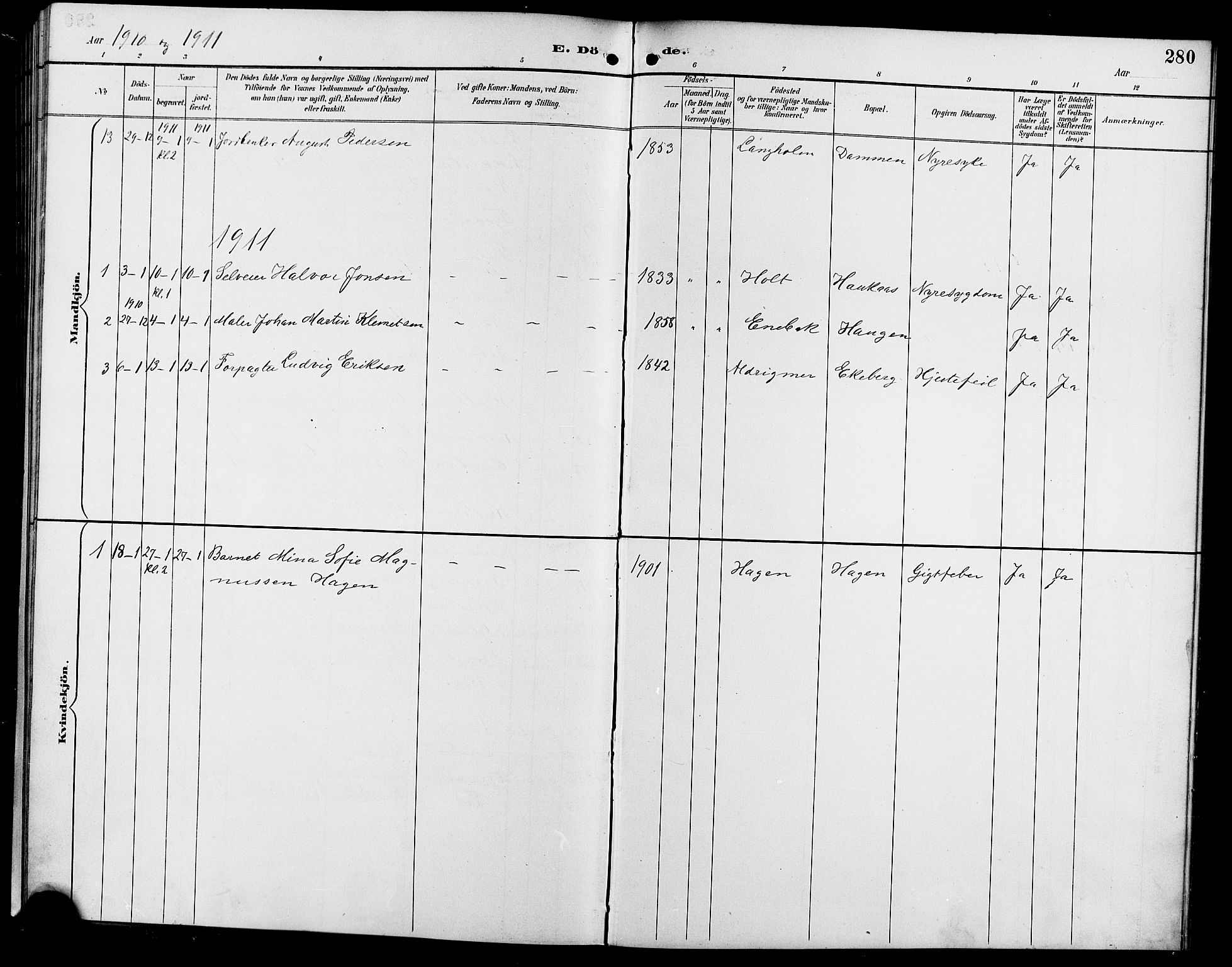 Enebakk prestekontor Kirkebøker, SAO/A-10171c/G/Ga/L0006: Parish register (copy) no. I 6, 1889-1911, p. 280