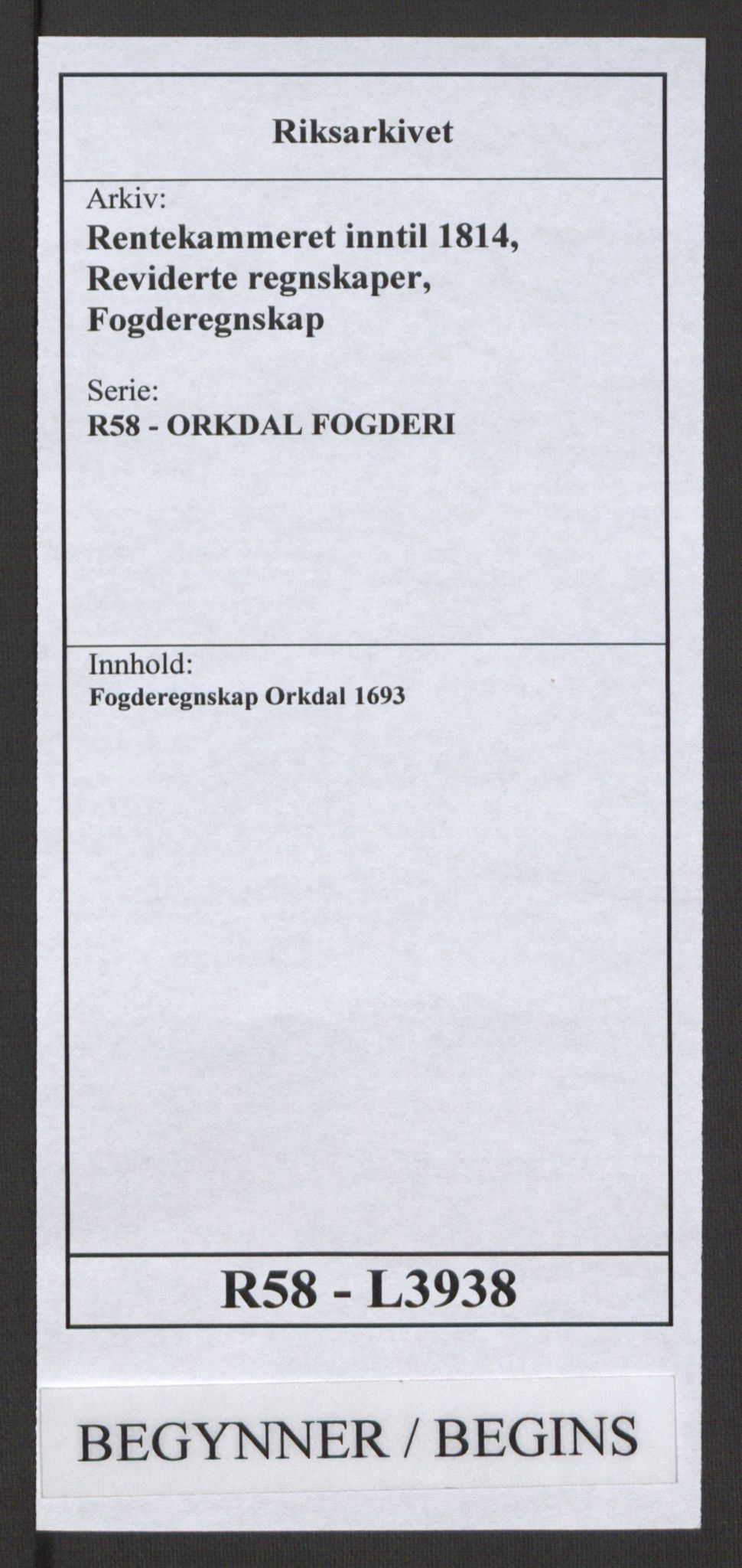 Rentekammeret inntil 1814, Reviderte regnskaper, Fogderegnskap, RA/EA-4092/R58/L3938: Fogderegnskap Orkdal, 1693, p. 1