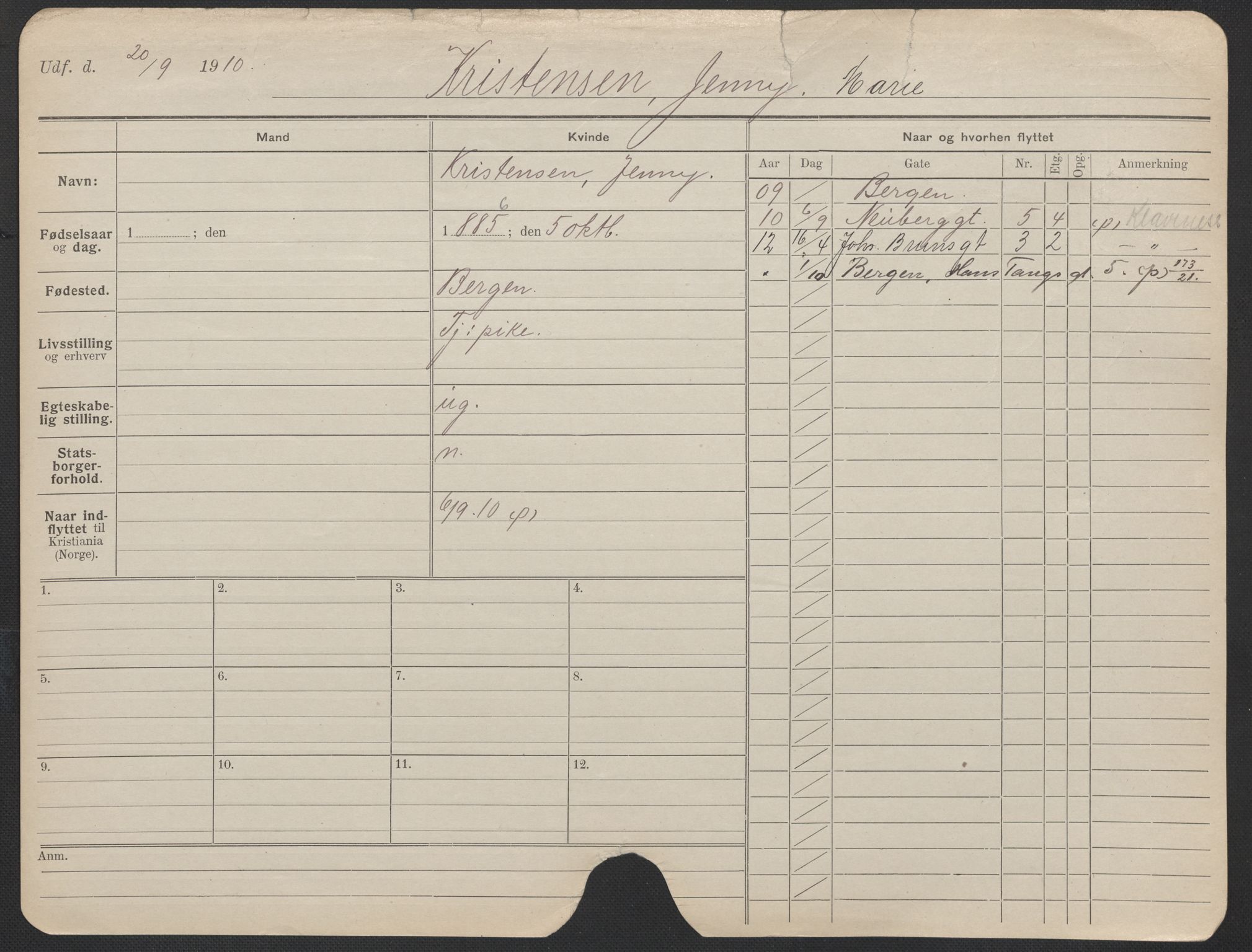 Oslo folkeregister, Registerkort, AV/SAO-A-11715/F/Fa/Fac/L0019: Kvinner, 1906-1914, p. 147a