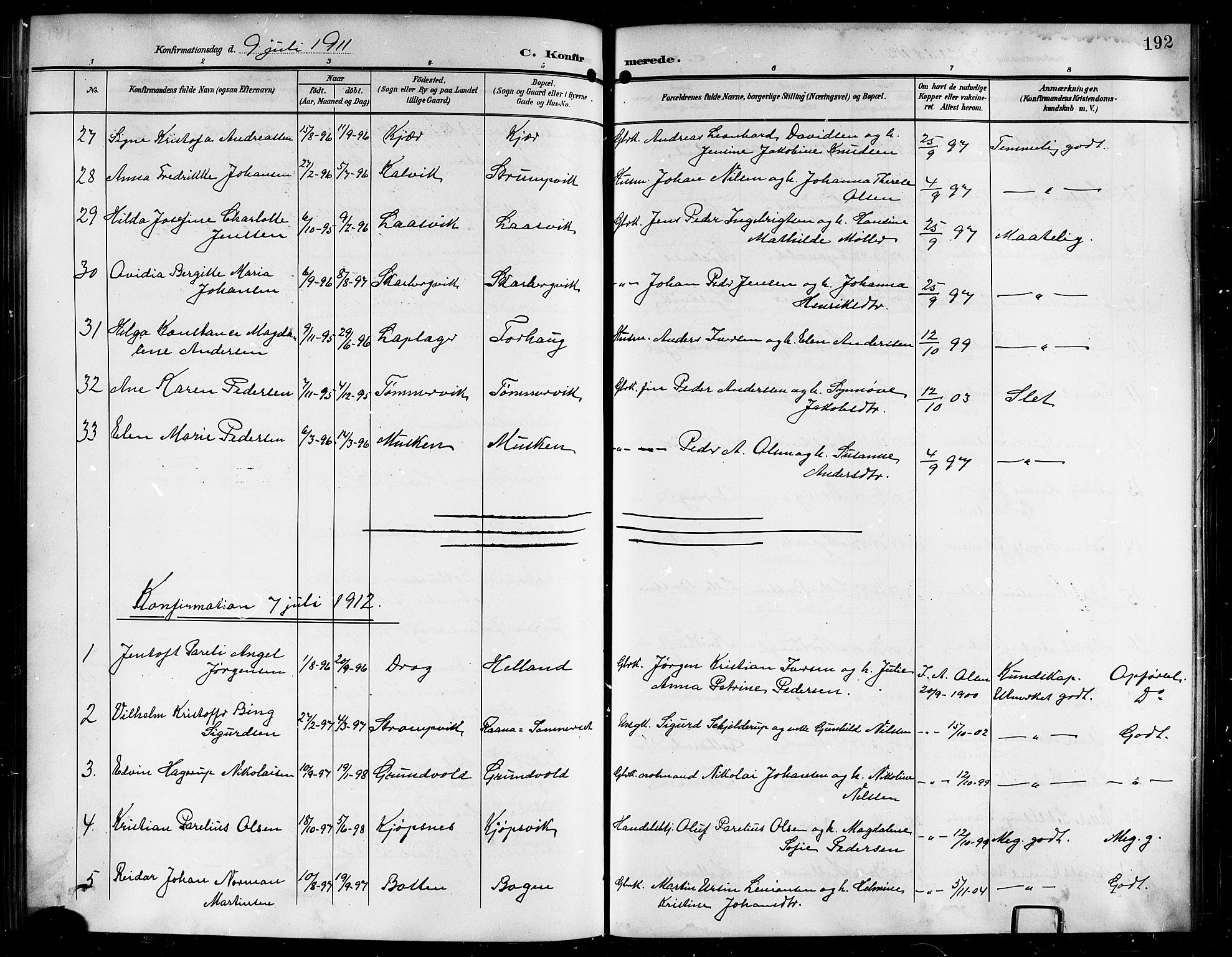 Ministerialprotokoller, klokkerbøker og fødselsregistre - Nordland, AV/SAT-A-1459/861/L0877: Parish register (copy) no. 861C03, 1903-1919, p. 192