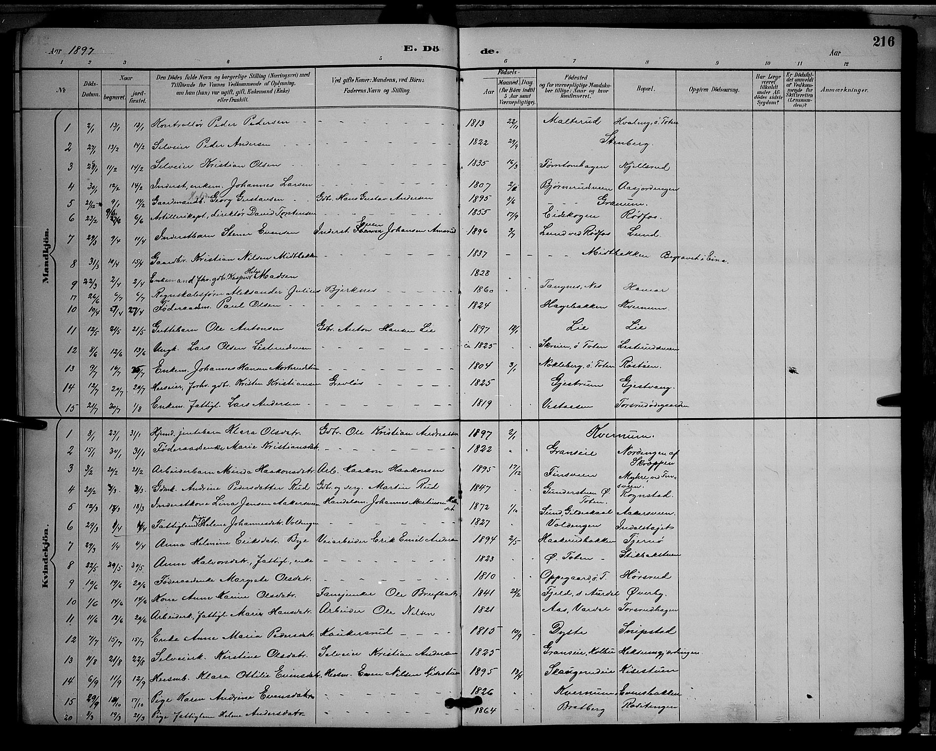Vestre Toten prestekontor, SAH/PREST-108/H/Ha/Hab/L0009: Parish register (copy) no. 9, 1888-1900, p. 216