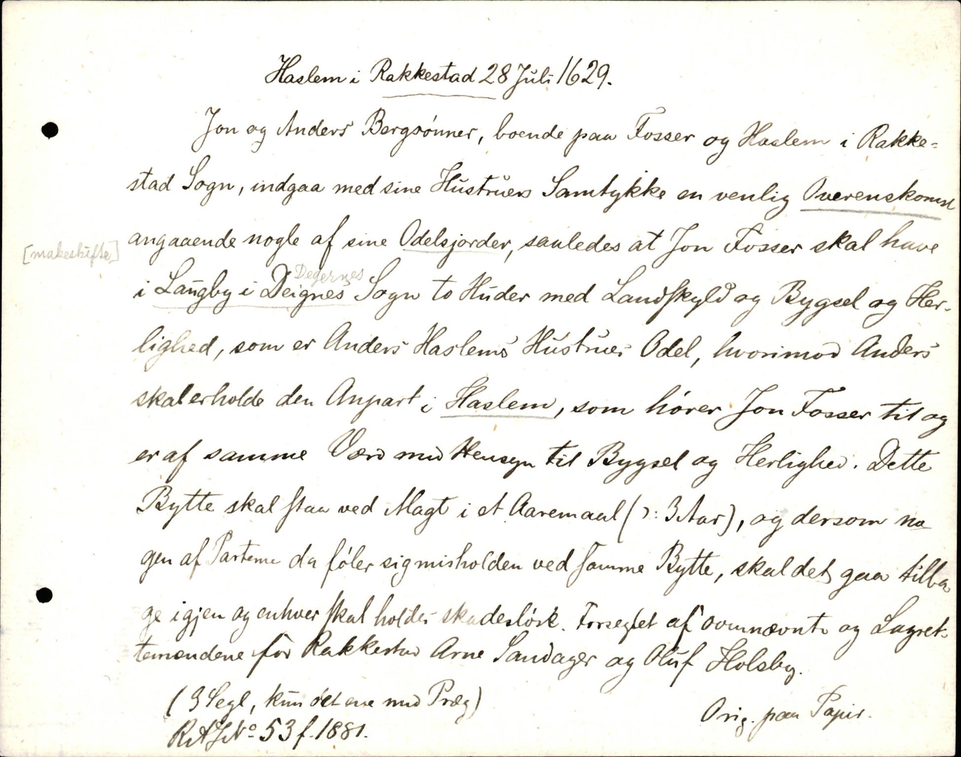 Riksarkivets diplomsamling, AV/RA-EA-5965/F35/F35d/L0003: Innlånte diplomer, seddelregister, 1621-1642, p. 259