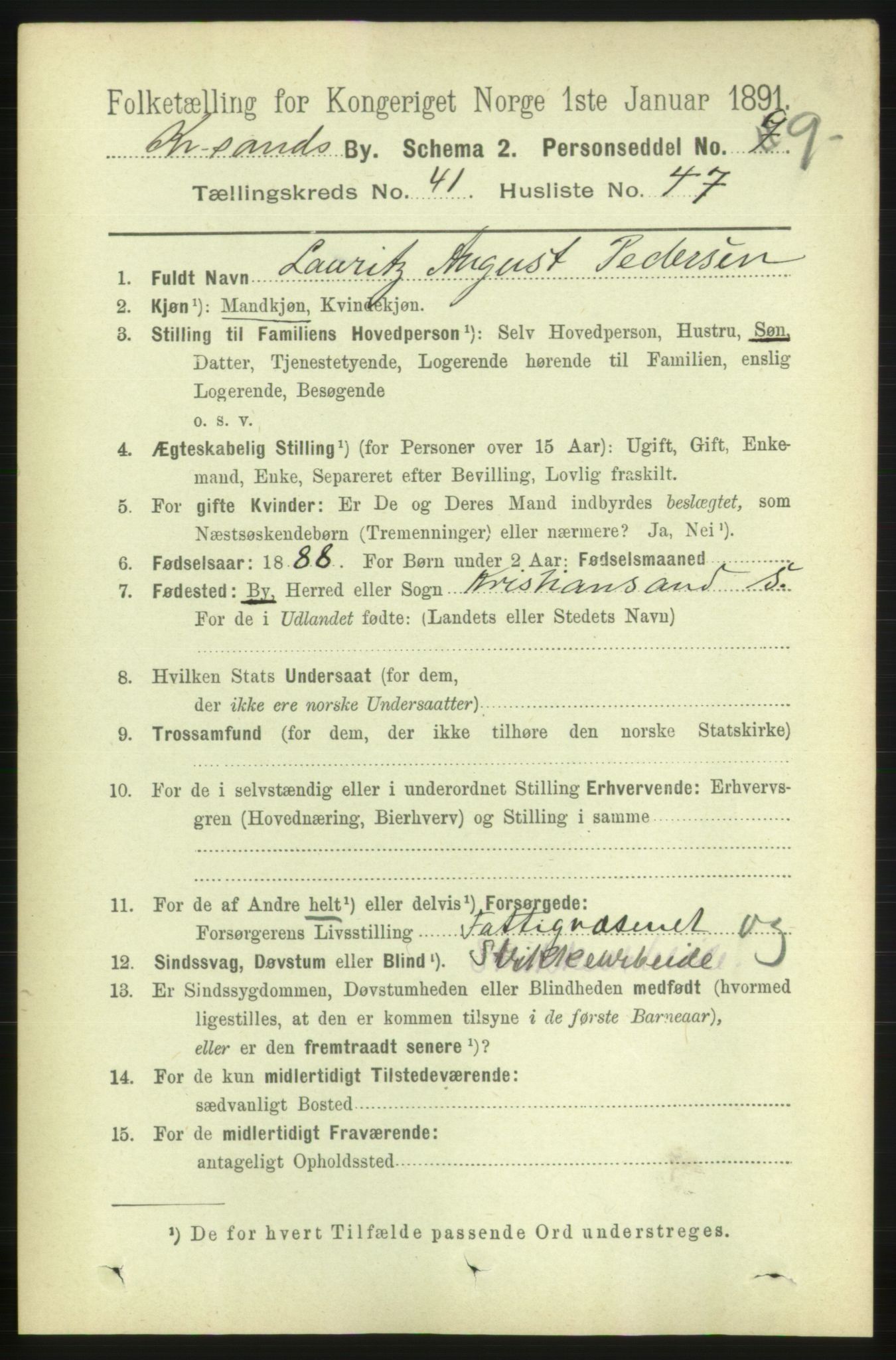 RA, 1891 census for 1001 Kristiansand, 1891, p. 12971