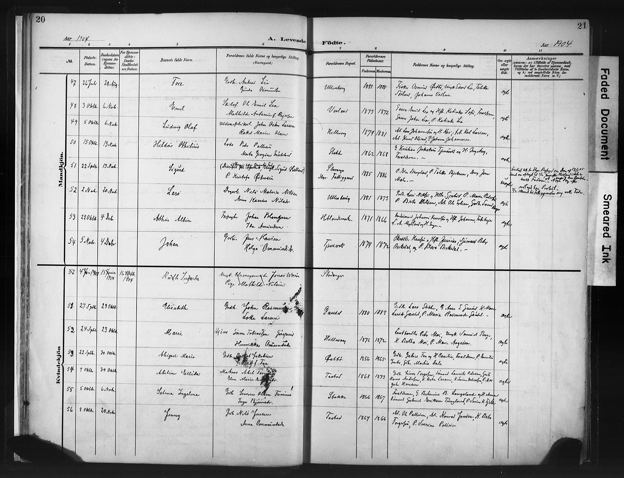 Hetland sokneprestkontor, SAST/A-101826/30/30BA/L0013: Parish register (official) no. A 13, 1904-1918, p. 20-21