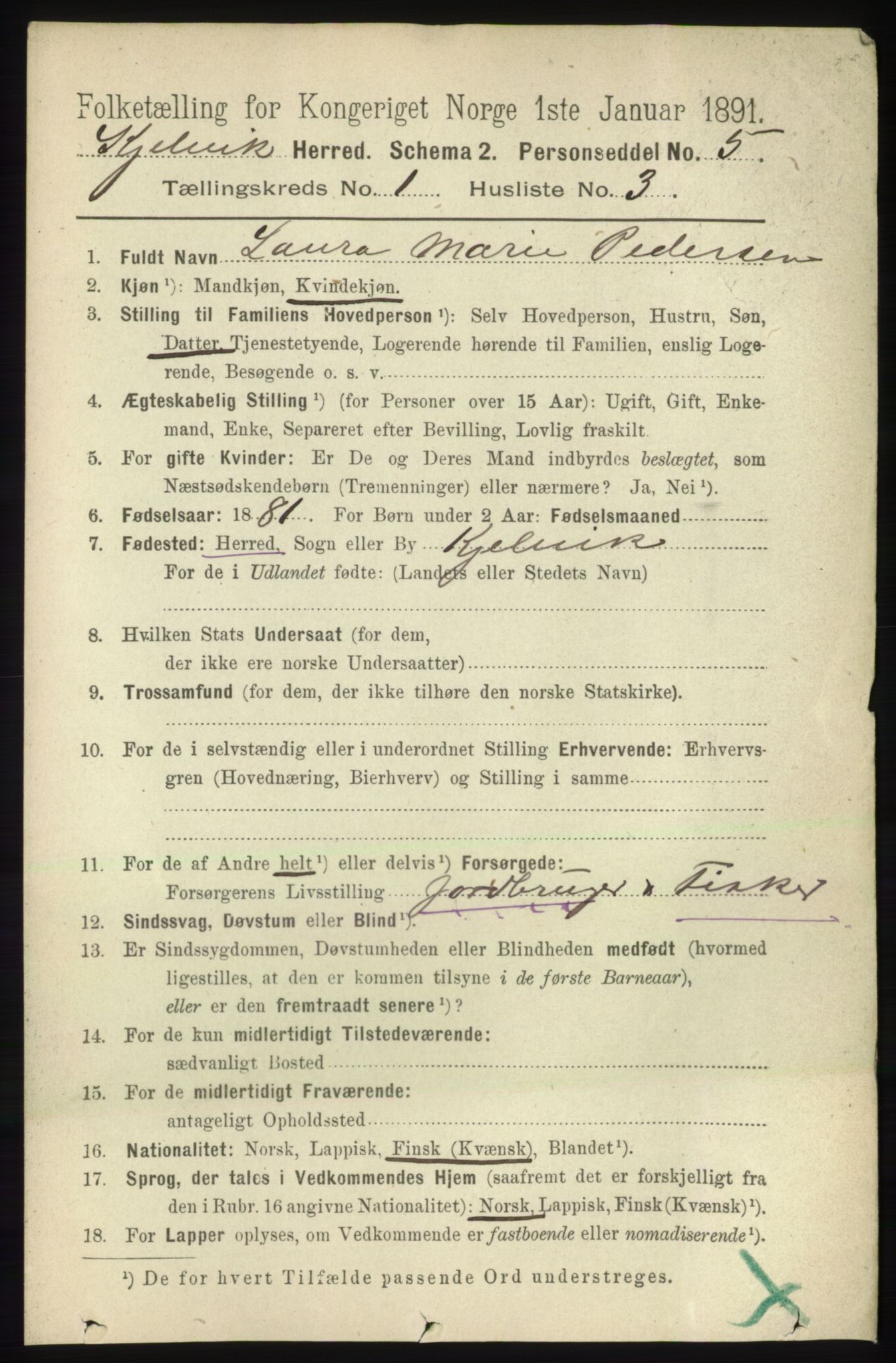 RA, 1891 census for 2019 Kjelvik, 1891, p. 54