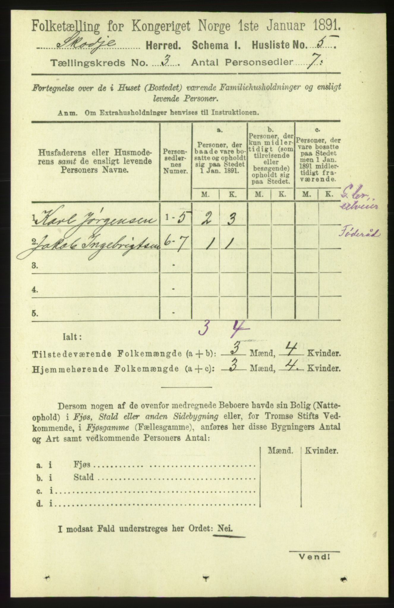 RA, 1891 census for 1529 Skodje, 1891, p. 439