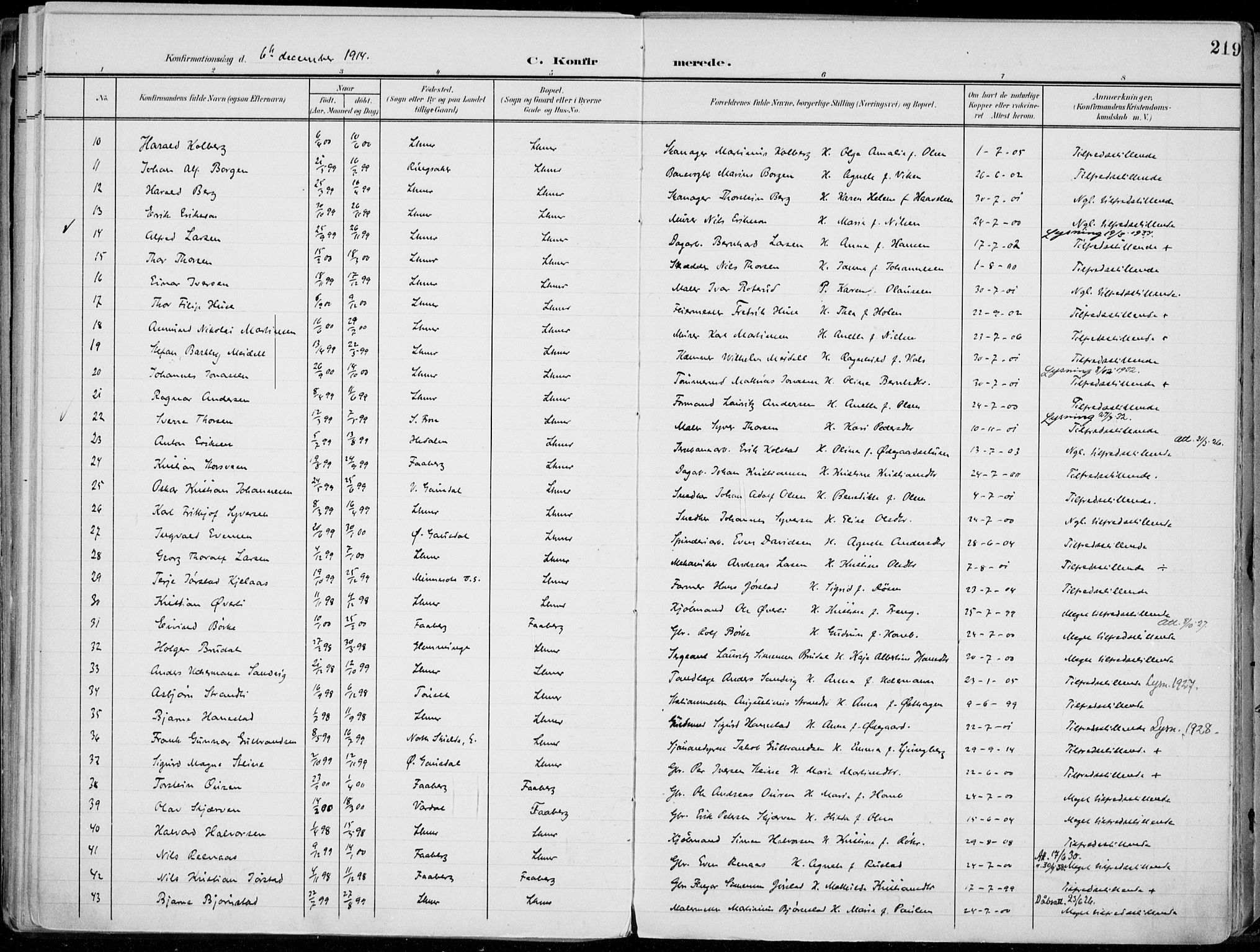 Lillehammer prestekontor, SAH/PREST-088/H/Ha/Haa/L0001: Parish register (official) no. 1, 1901-1916, p. 219
