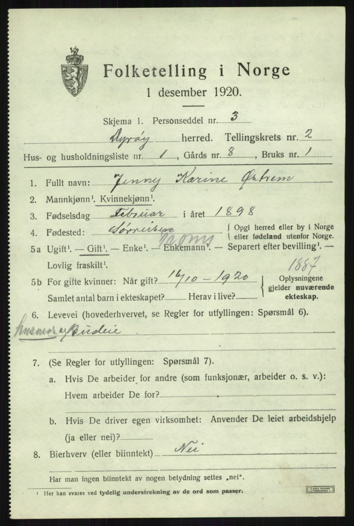 SATØ, 1920 census for Dyrøy, 1920, p. 1277