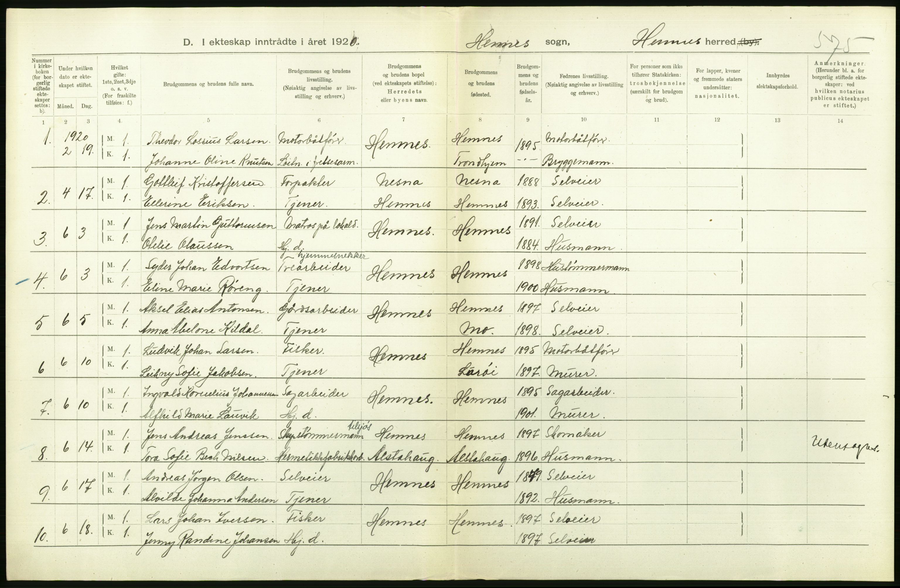 Statistisk sentralbyrå, Sosiodemografiske emner, Befolkning, AV/RA-S-2228/D/Df/Dfb/Dfbj/L0057: Nordland fylke: Gifte, dødfødte. Bygder og byer., 1920, p. 114