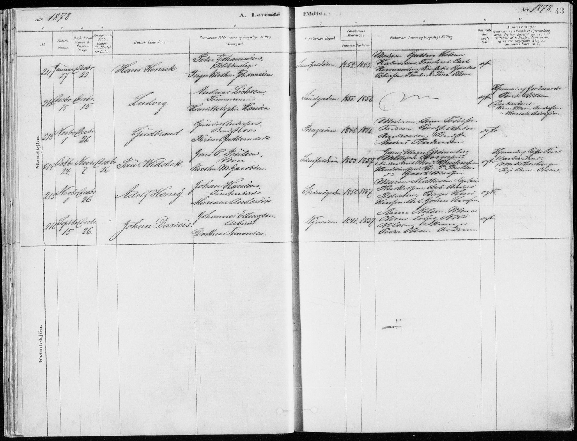 Bragernes kirkebøker, AV/SAKO-A-6/F/Fb/L0006a: Parish register (official) no. II 6A, 1878-1885, p. 43