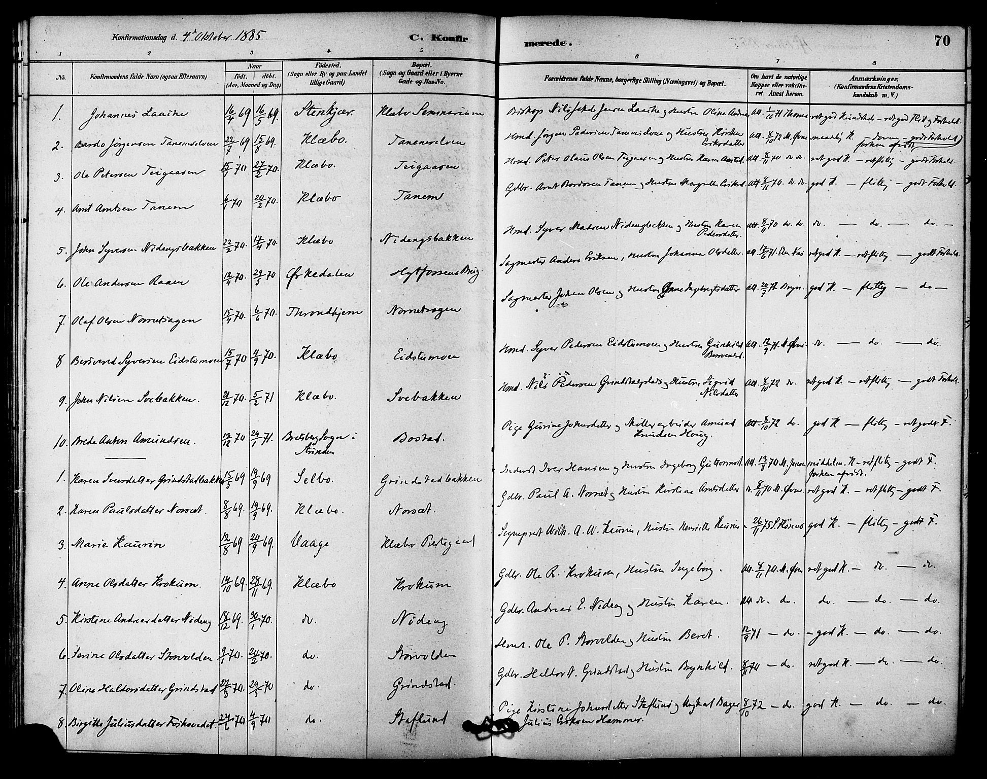 Ministerialprotokoller, klokkerbøker og fødselsregistre - Sør-Trøndelag, AV/SAT-A-1456/618/L0444: Parish register (official) no. 618A07, 1880-1898, p. 70