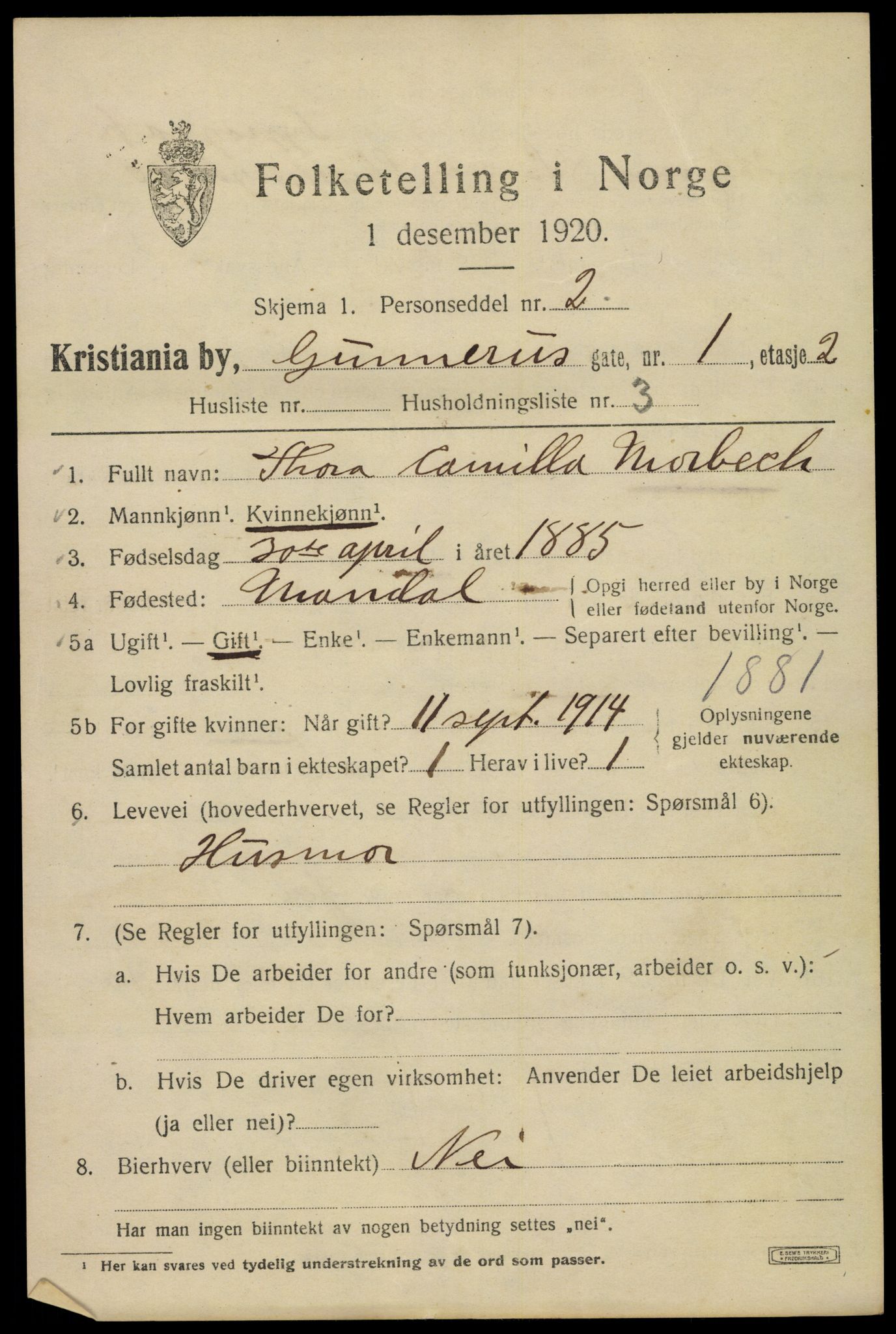 SAO, 1920 census for Kristiania, 1920, p. 261063