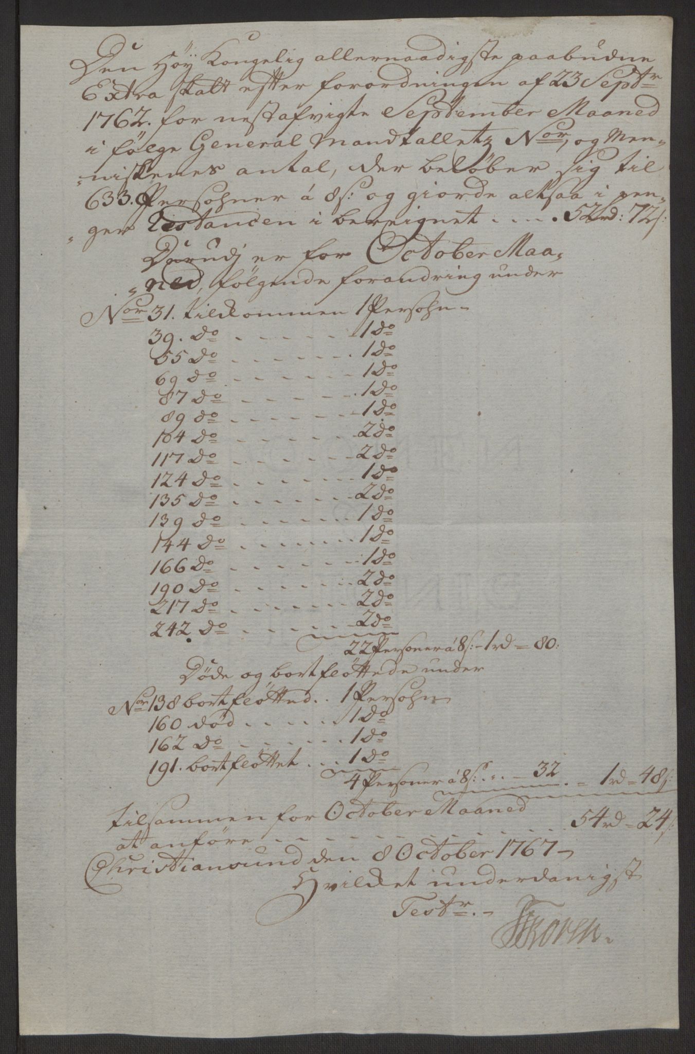 Rentekammeret inntil 1814, Reviderte regnskaper, Byregnskaper, AV/RA-EA-4066/R/Rr/L0495/0004: [R1] Kontribusjonsregnskap / Ekstraskatt, 1762-1772, p. 168