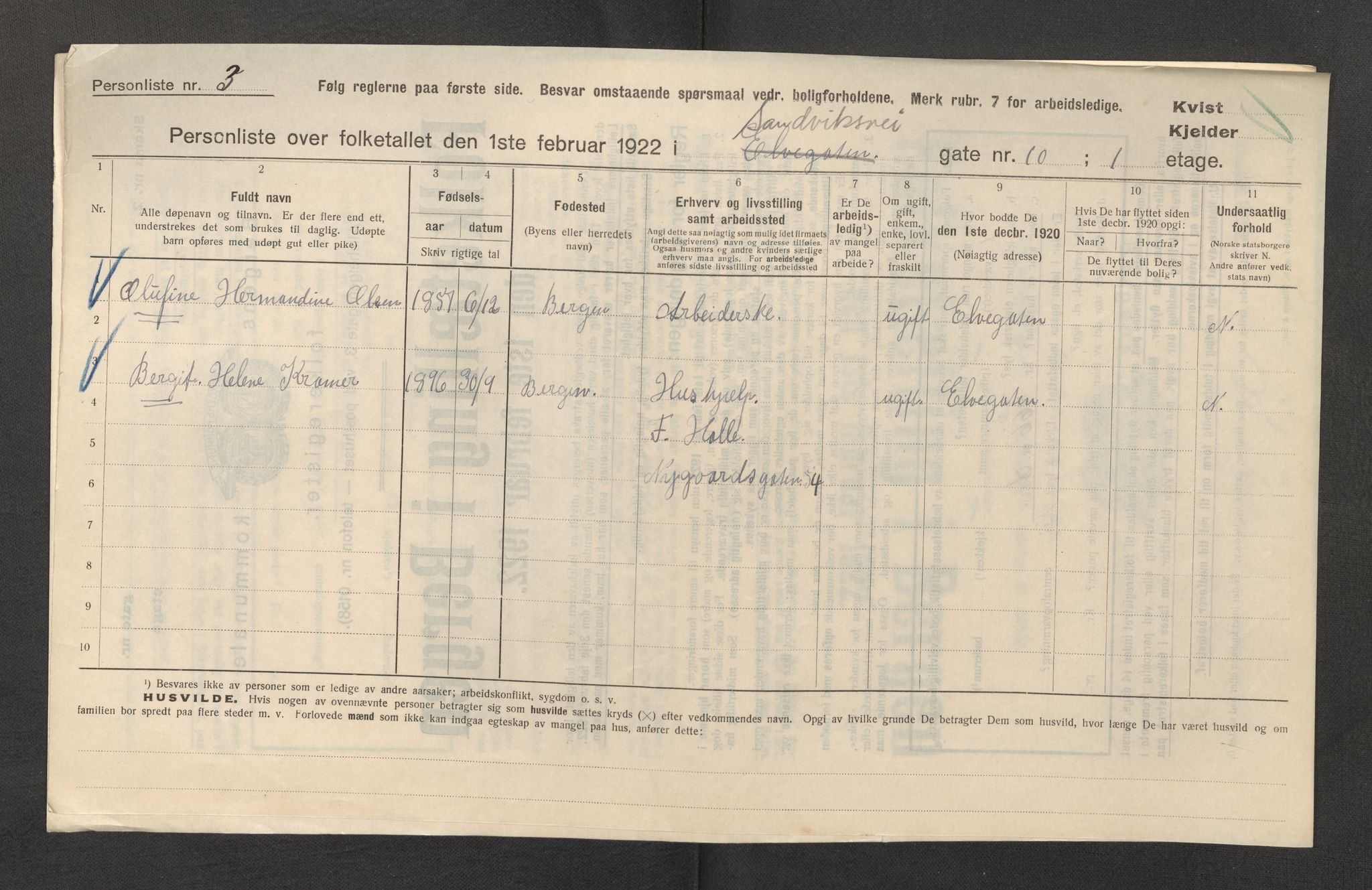 SAB, Municipal Census 1922 for Bergen, 1922, p. 33905