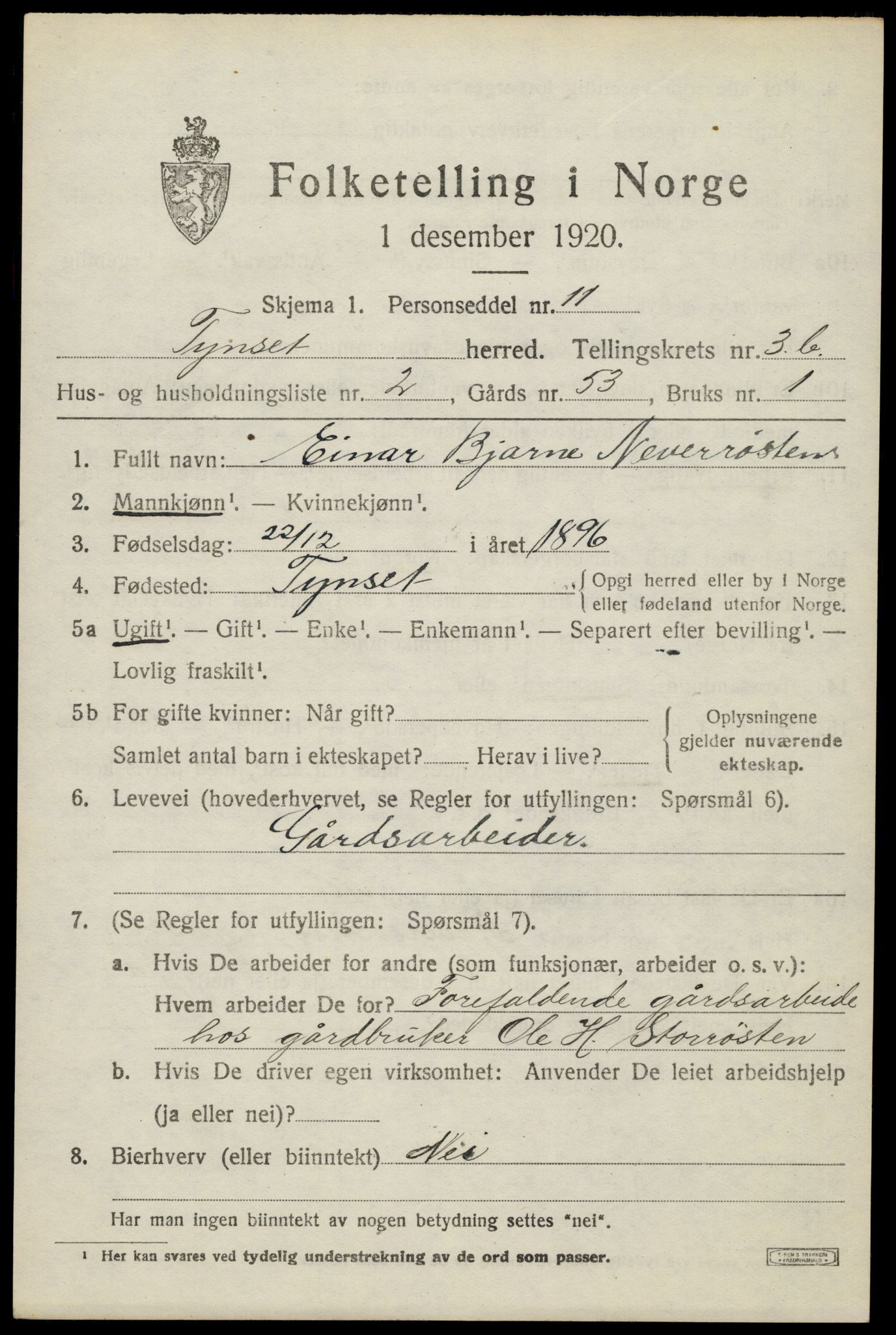 SAH, 1920 census for Tynset, 1920, p. 3168