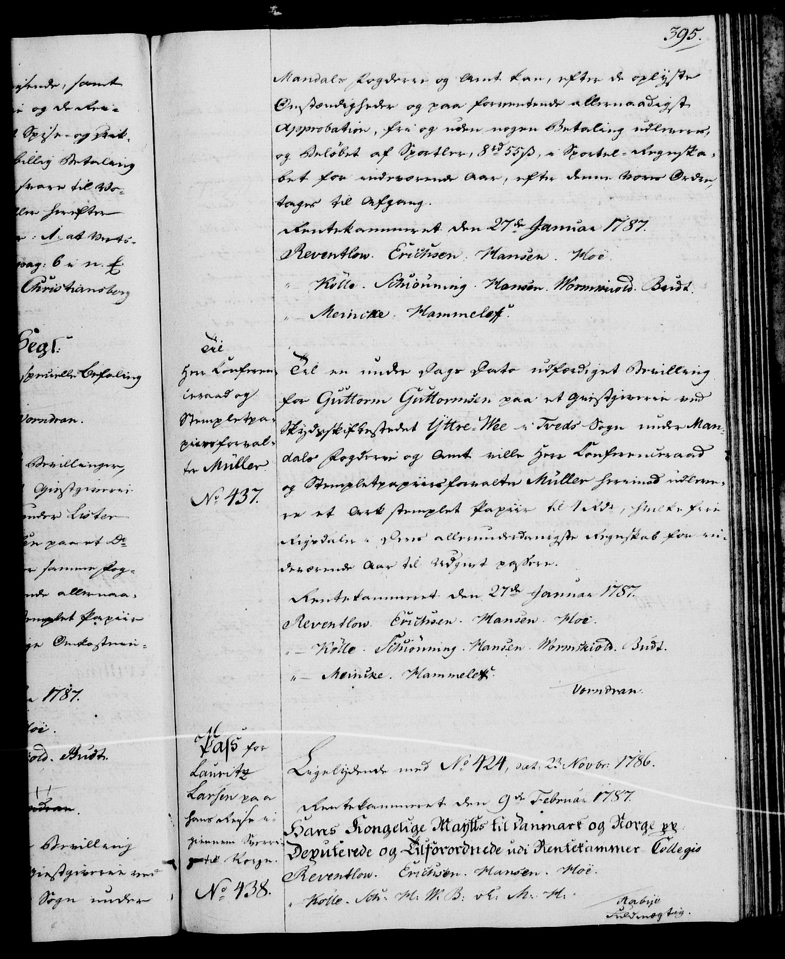 Rentekammeret, Kammerkanselliet, RA/EA-3111/G/Gg/Gga/L0013: Norsk ekspedisjonsprotokoll med register (merket RK 53.13), 1784-1787, p. 395