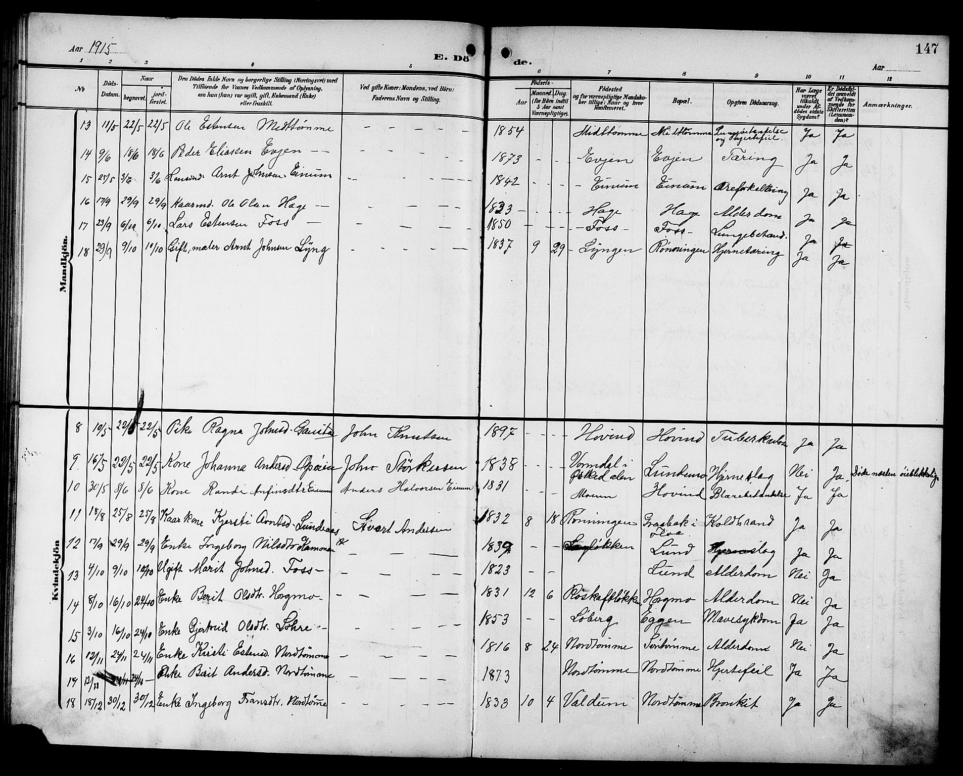 Ministerialprotokoller, klokkerbøker og fødselsregistre - Sør-Trøndelag, SAT/A-1456/692/L1112: Parish register (copy) no. 692C07, 1904-1918, p. 147