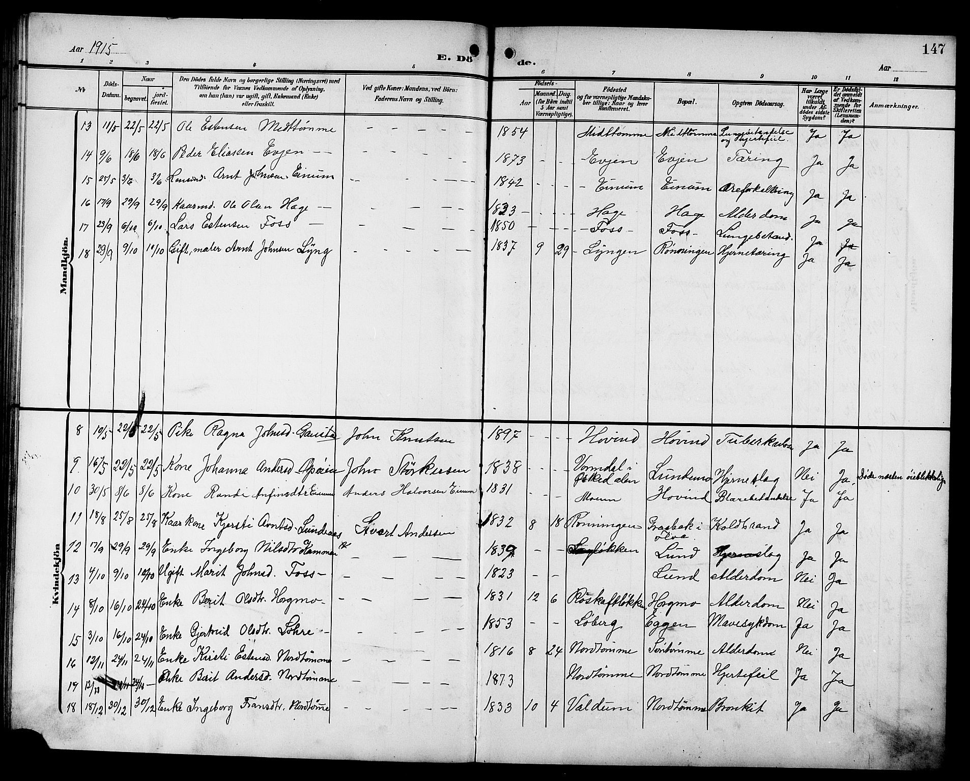 Ministerialprotokoller, klokkerbøker og fødselsregistre - Sør-Trøndelag, AV/SAT-A-1456/692/L1112: Parish register (copy) no. 692C07, 1904-1918, p. 147
