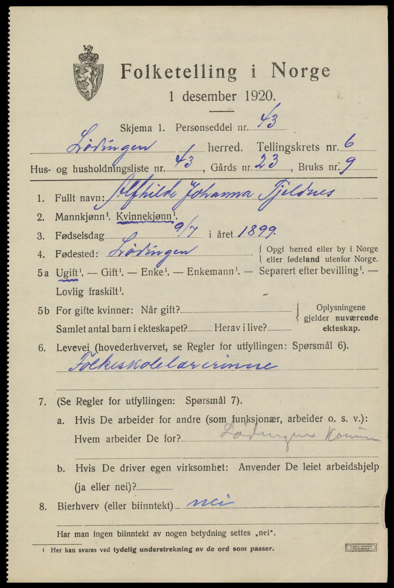 SAT, 1920 census for Lødingen, 1920, p. 4033