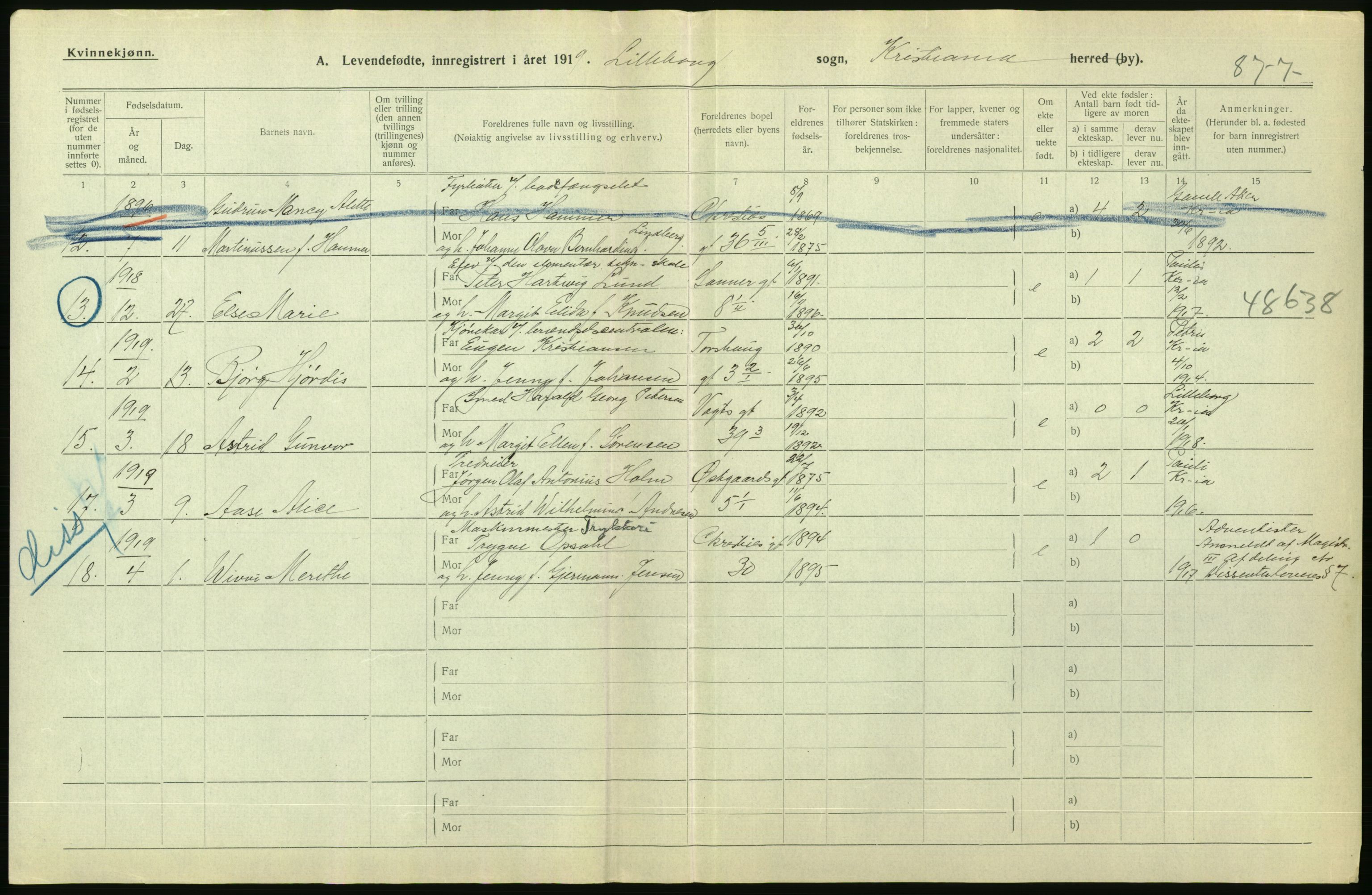 Statistisk sentralbyrå, Sosiodemografiske emner, Befolkning, AV/RA-S-2228/D/Df/Dfb/Dfbi/L0008: Kristiania: Levendefødte menn og kvinner., 1919