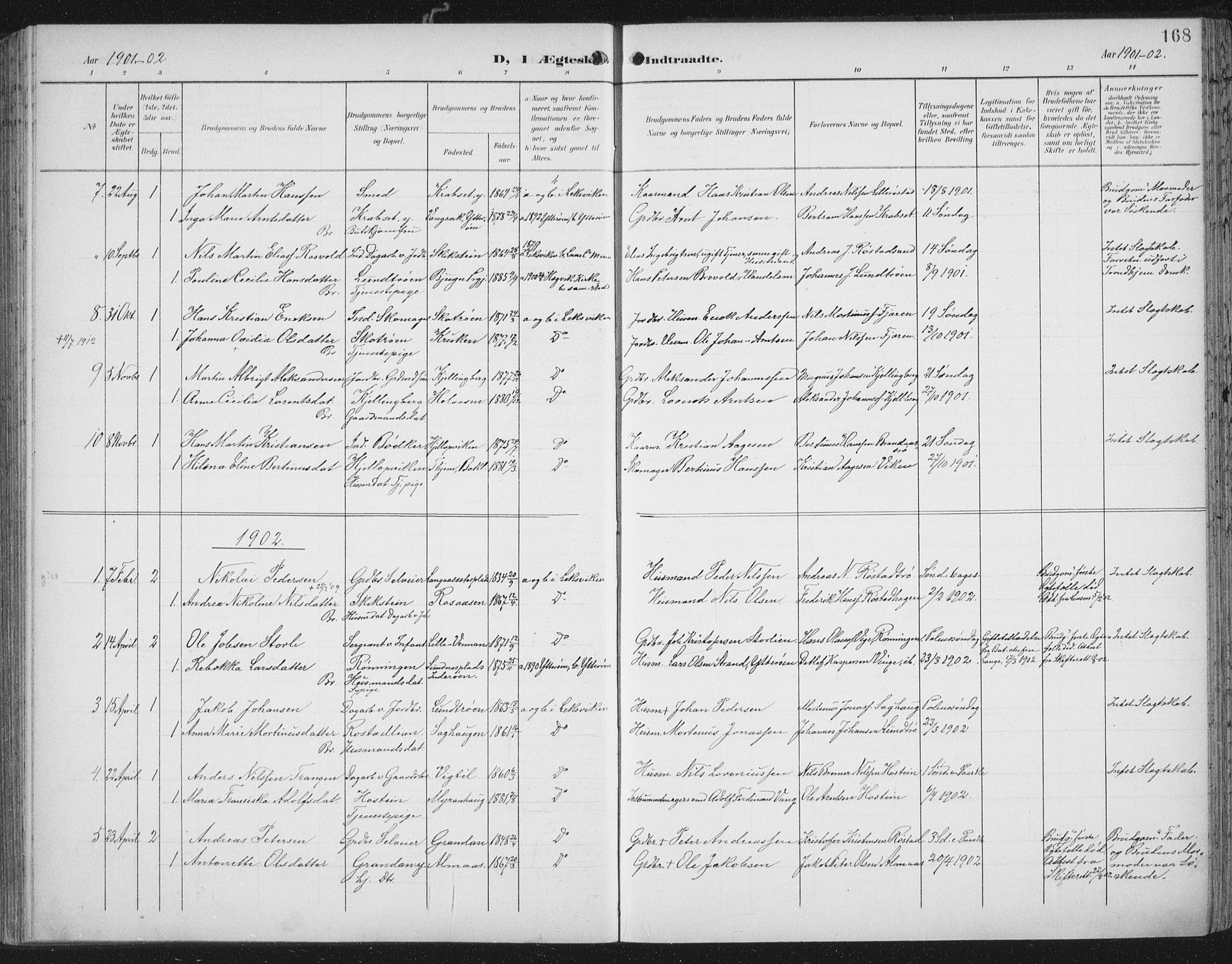 Ministerialprotokoller, klokkerbøker og fødselsregistre - Nord-Trøndelag, SAT/A-1458/701/L0011: Parish register (official) no. 701A11, 1899-1915, p. 168