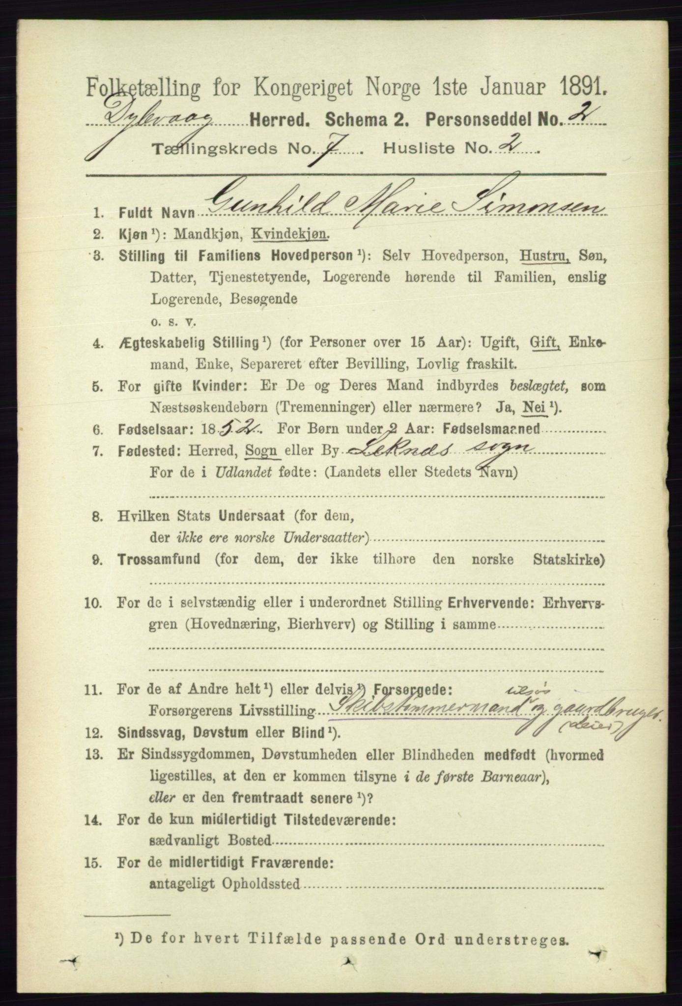 RA, 1891 census for 0915 Dypvåg, 1891, p. 2415