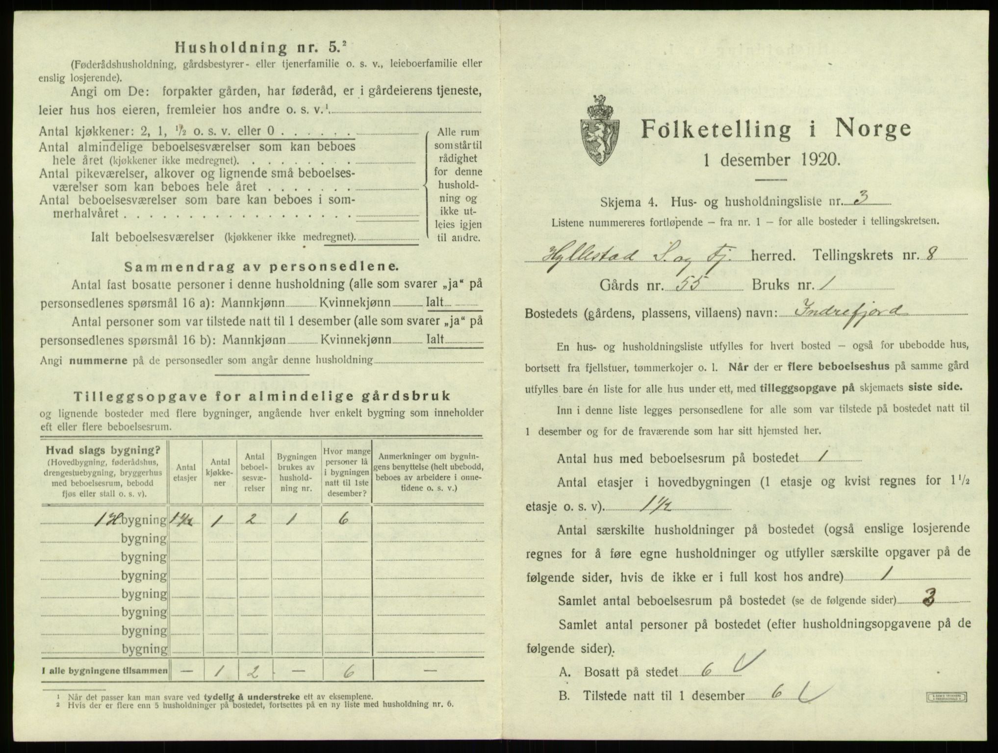 SAB, 1920 census for Hyllestad, 1920, p. 458