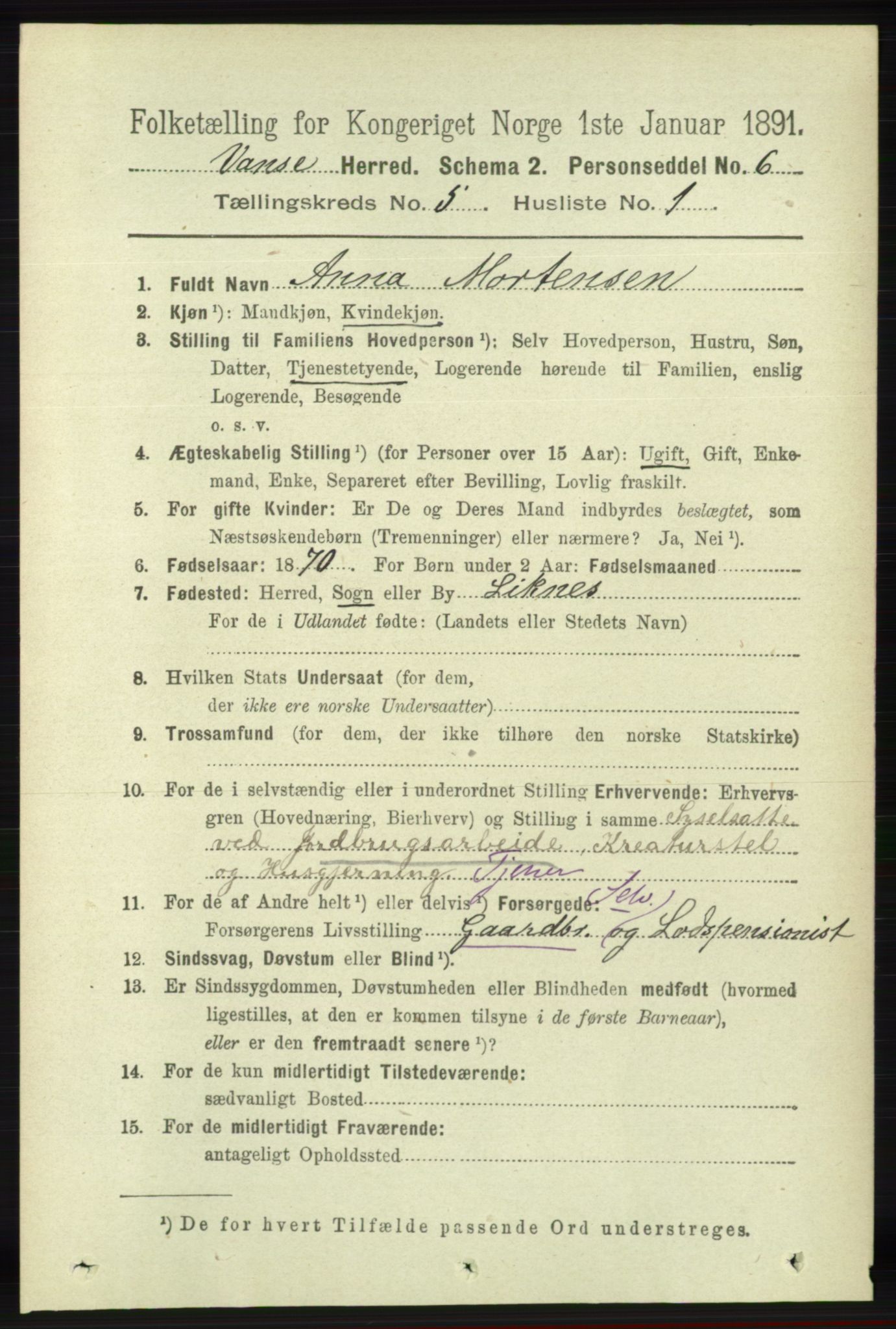 RA, 1891 census for 1041 Vanse, 1891, p. 2800