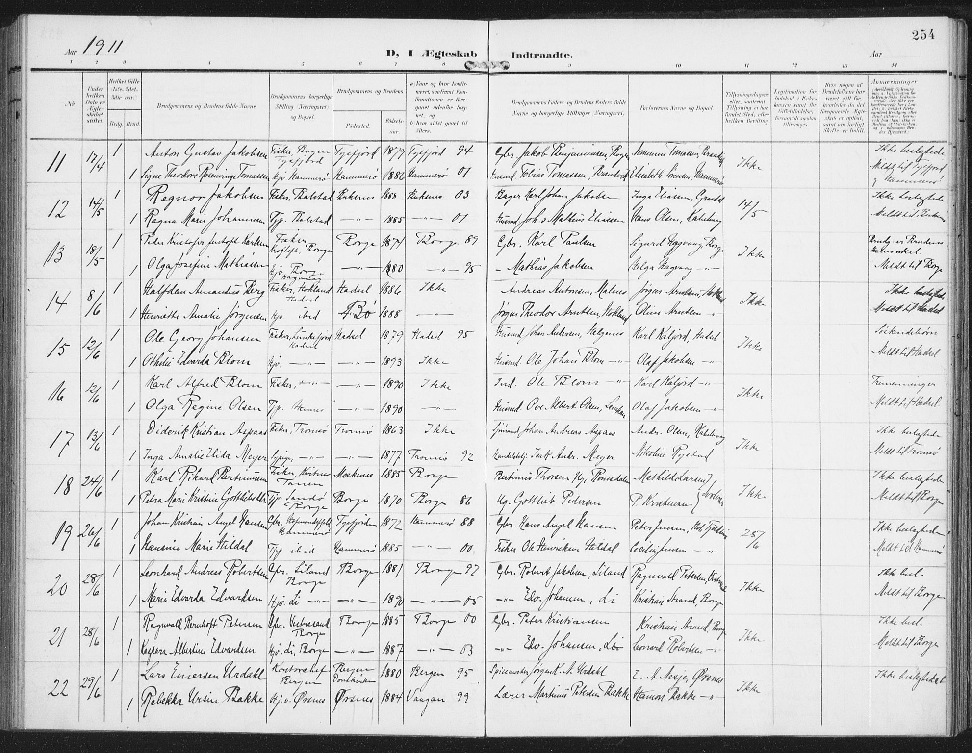 Ministerialprotokoller, klokkerbøker og fødselsregistre - Nordland, AV/SAT-A-1459/874/L1063: Parish register (official) no. 874A07, 1907-1915, p. 254