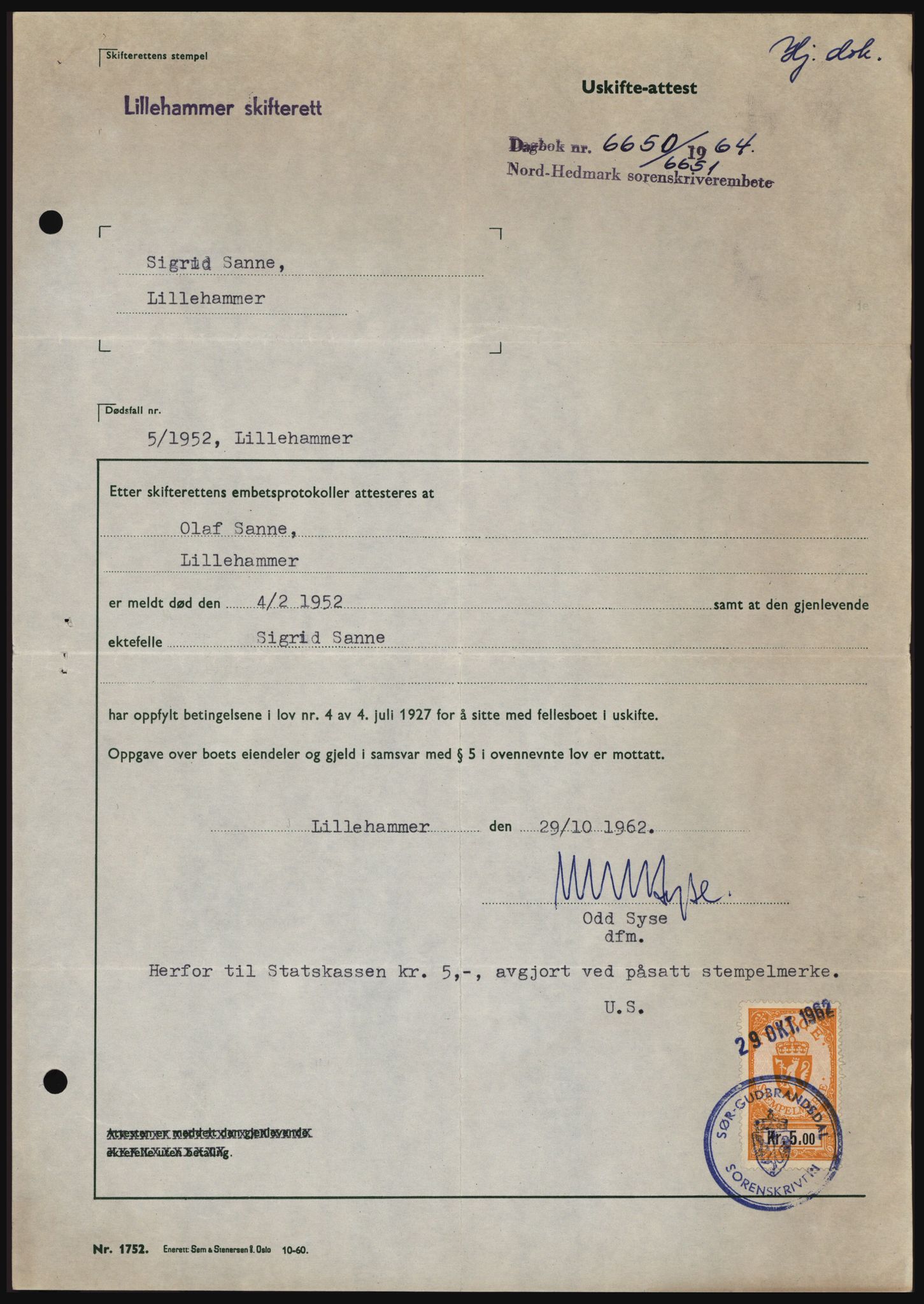 Nord-Hedmark sorenskriveri, SAH/TING-012/H/Hc/L0021: Mortgage book no. 21, 1964-1965, Diary no: : 6650/1964