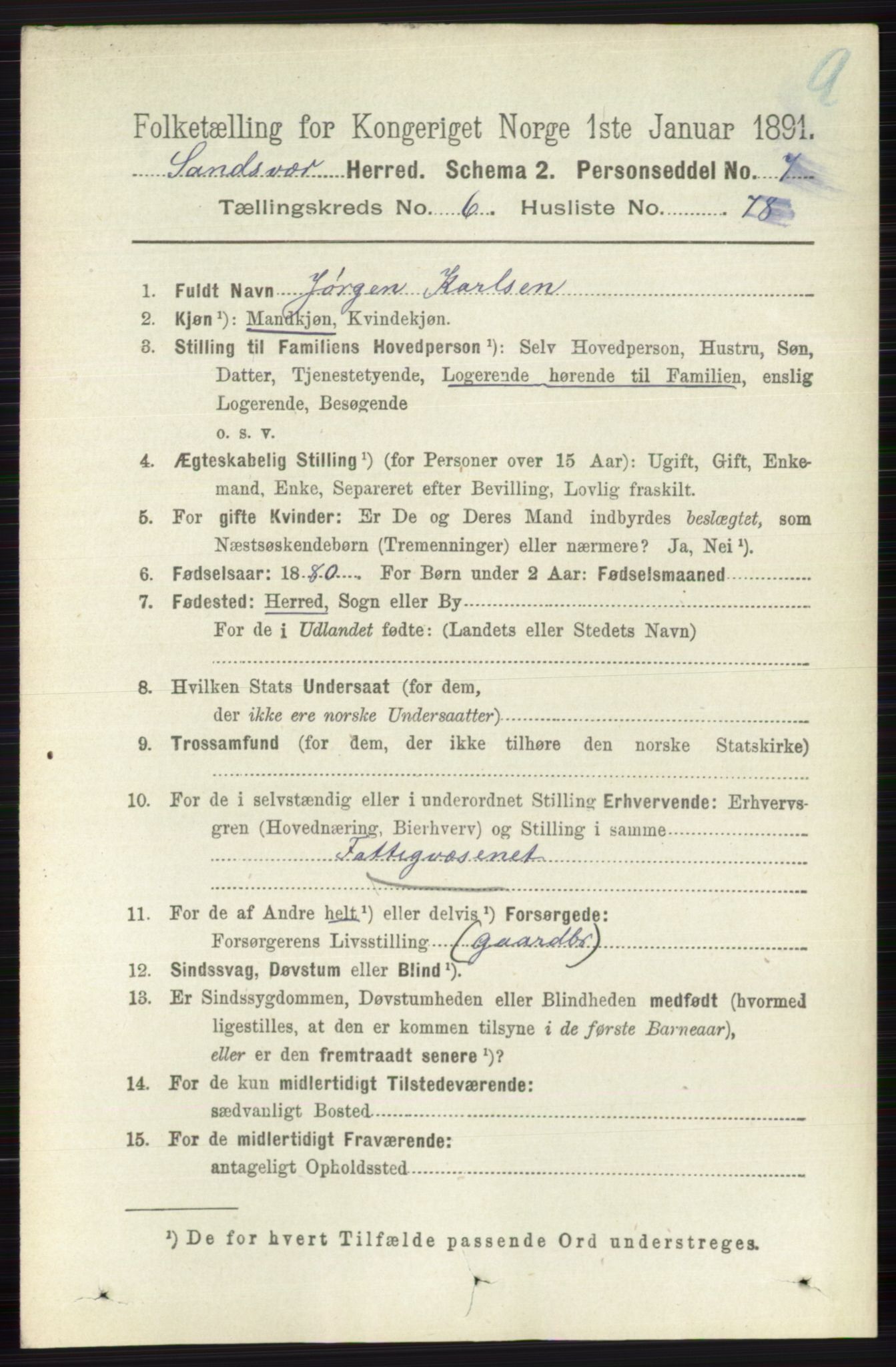 RA, 1891 census for 0629 Sandsvær, 1891, p. 3898