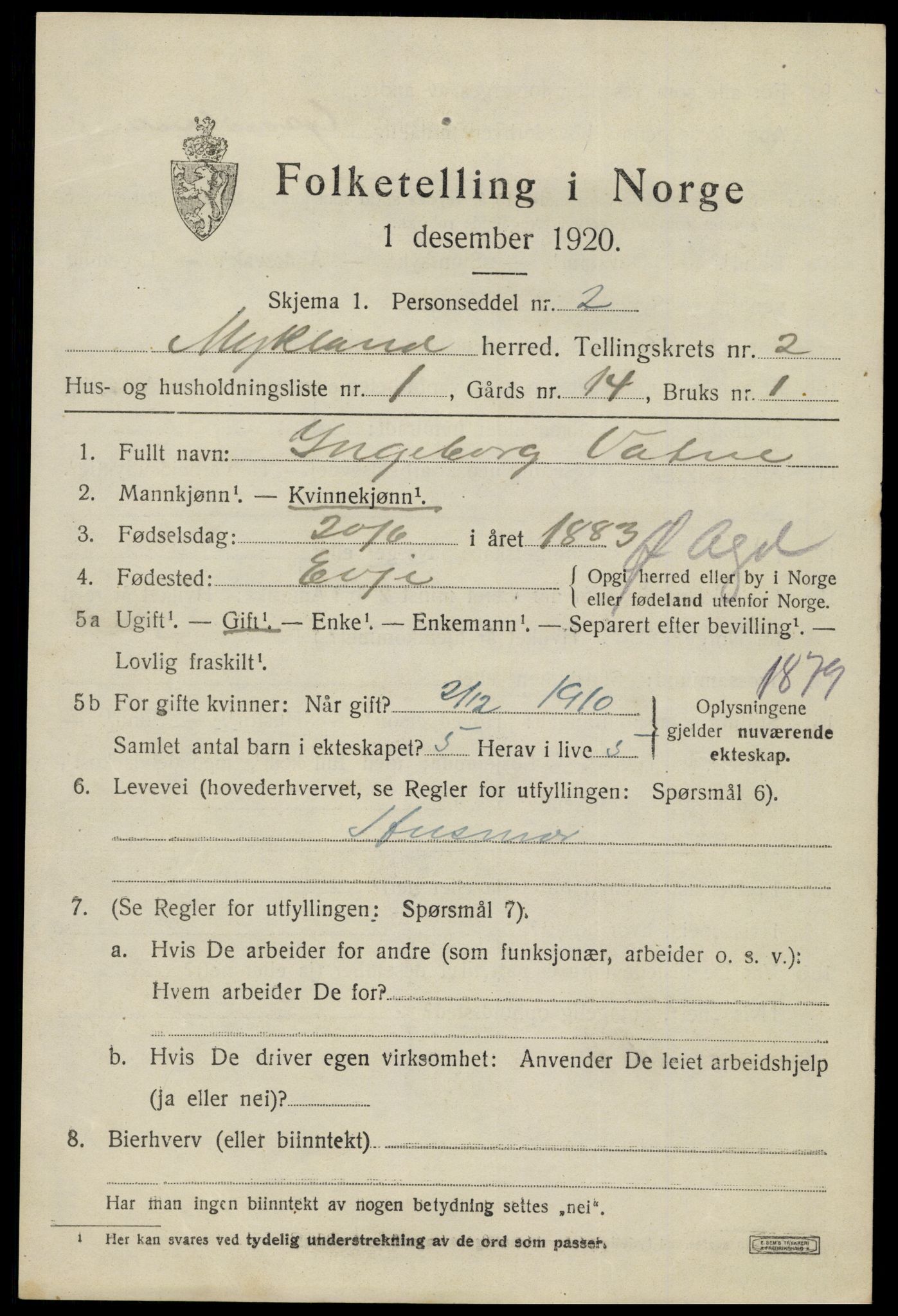 SAK, 1920 census for Mykland, 1920, p. 706