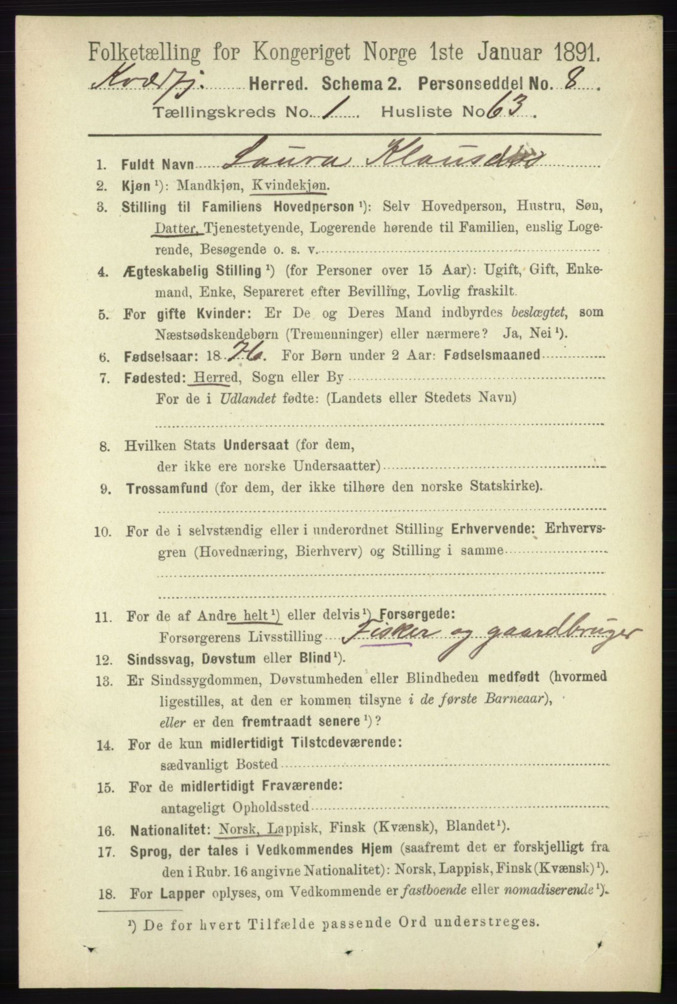 RA, 1891 census for 1911 Kvæfjord, 1891, p. 535