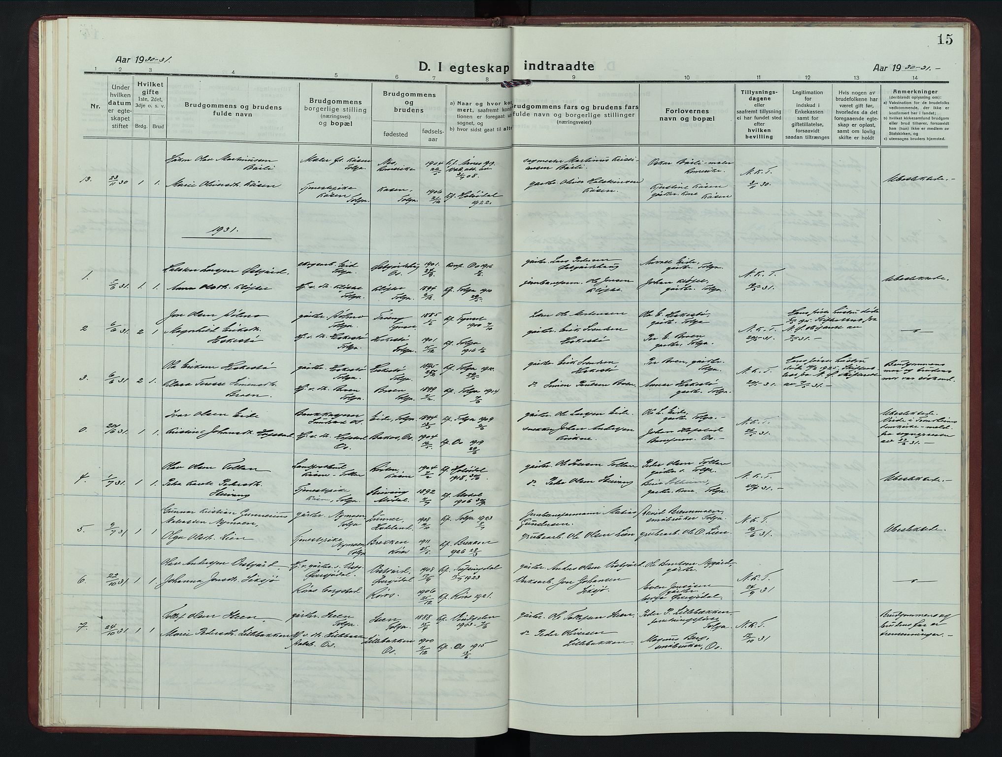 Tolga prestekontor, AV/SAH-PREST-062/L/L0017: Parish register (copy) no. 17, 1919-1950, p. 15