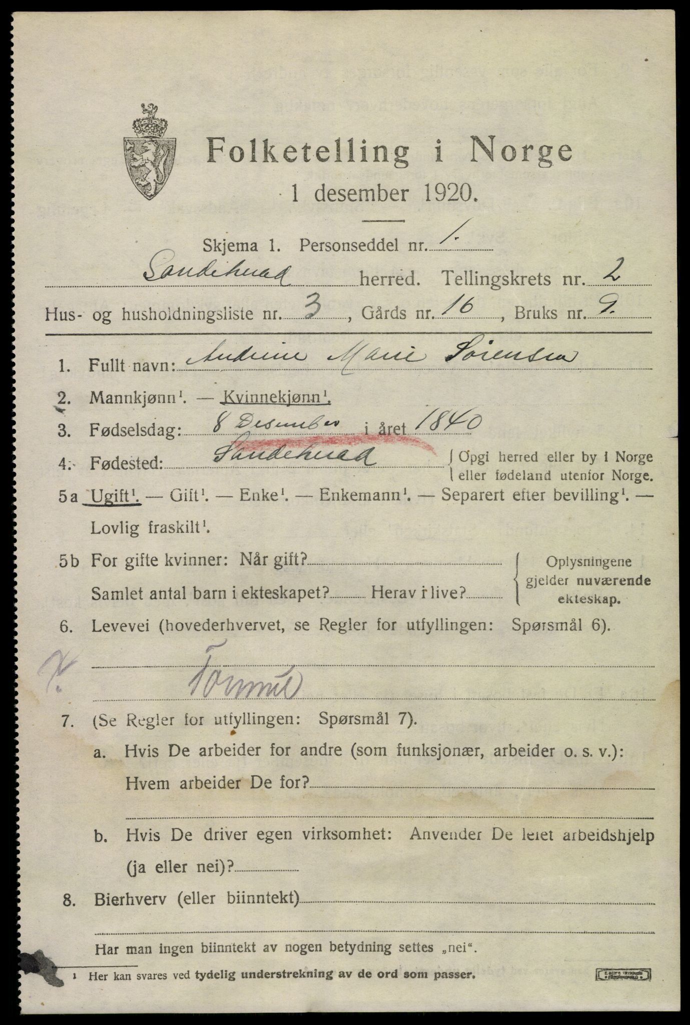 SAKO, 1920 census for Sandeherred, 1920, p. 4138