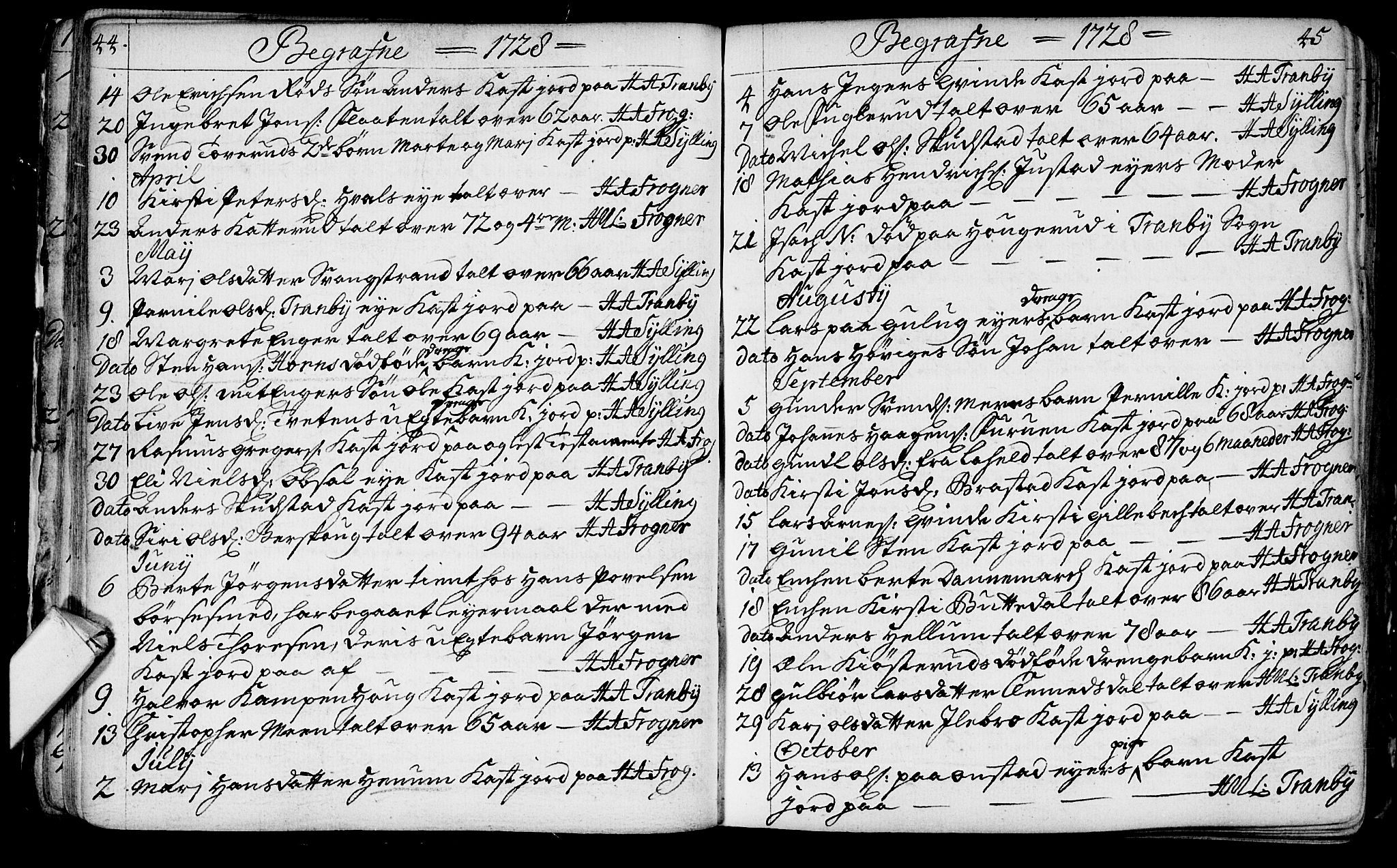 Lier kirkebøker, AV/SAKO-A-230/F/Fa/L0003: Parish register (official) no. I 3, 1727-1748, p. 44-45