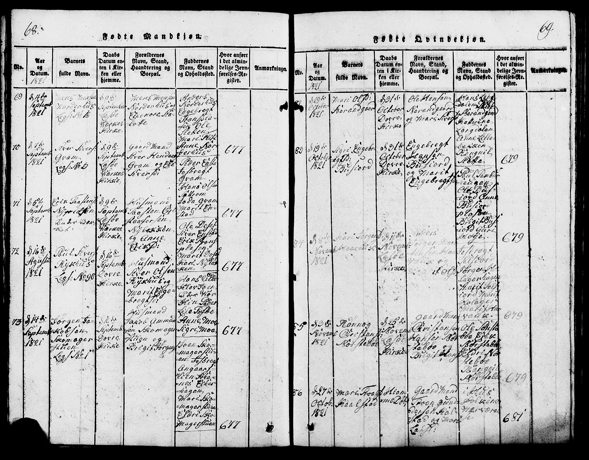 Lesja prestekontor, SAH/PREST-068/H/Ha/Hab/L0001: Parish register (copy) no. 1, 1820-1831, p. 68-69