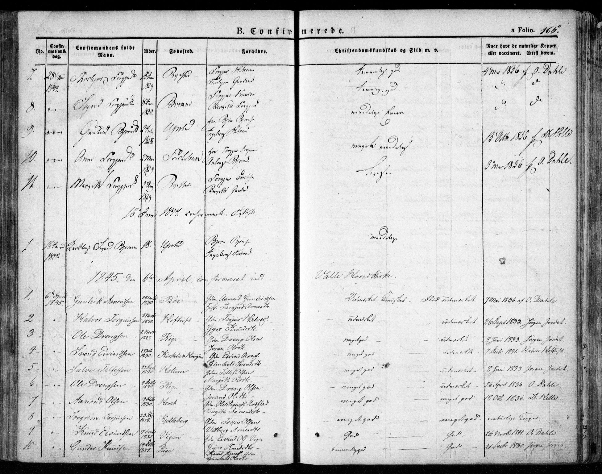 Valle sokneprestkontor, SAK/1111-0044/F/Fa/Fac/L0006: Parish register (official) no. A 6, 1831-1853, p. 165
