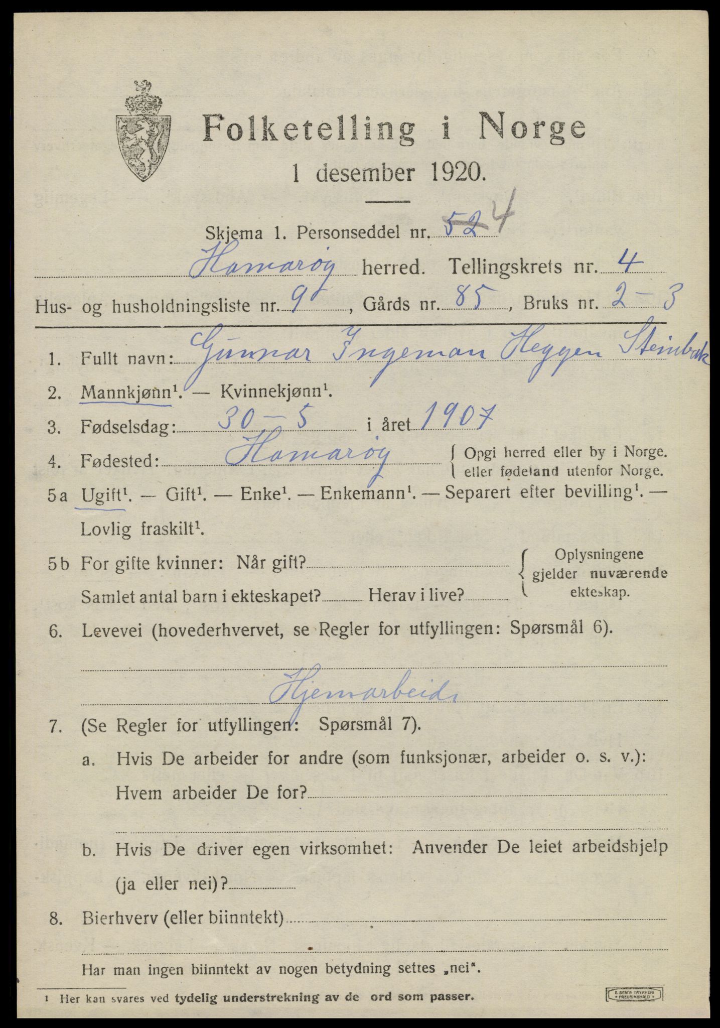 SAT, 1920 census for Hamarøy, 1920, p. 2424