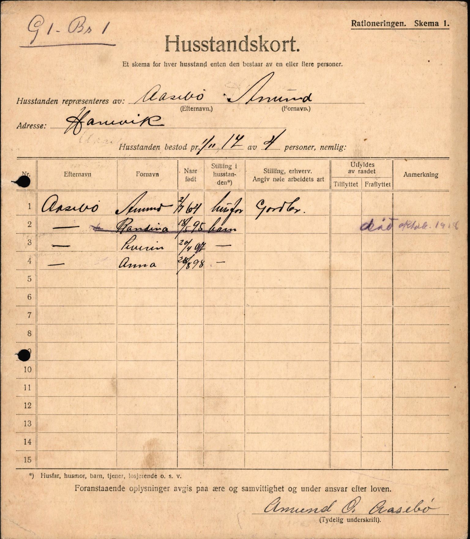IKAH, Meland kommune, Provianteringsrådet, Husstander per 01.11.1917, 1917-1918, p. 1