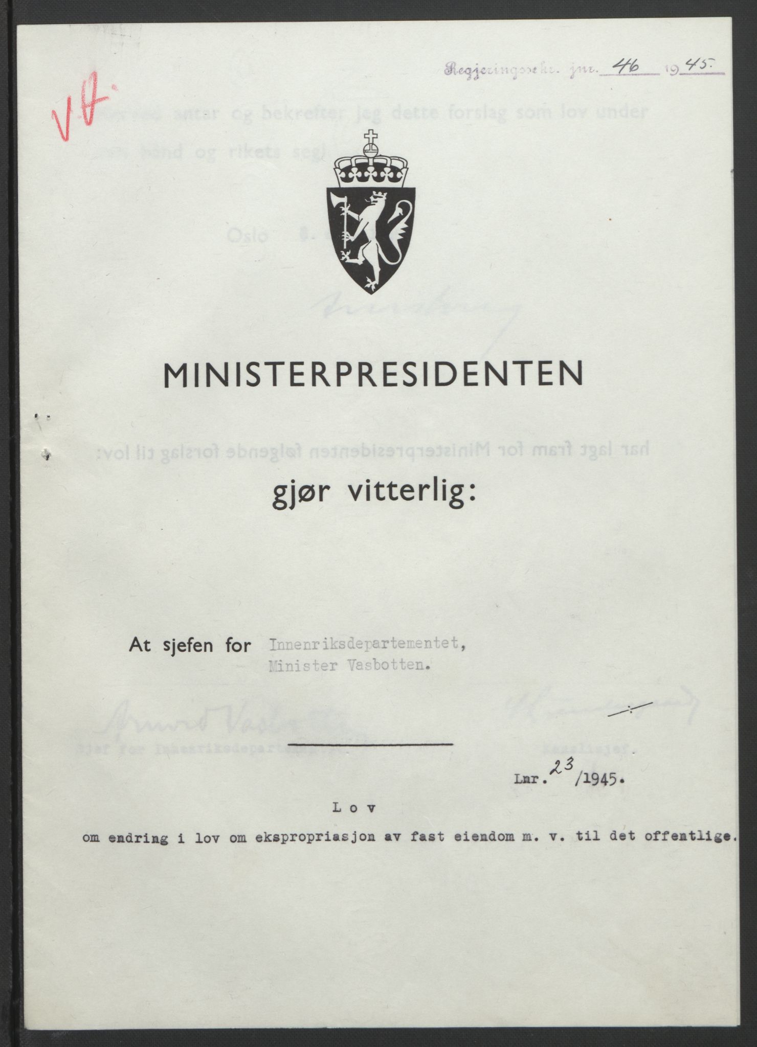 NS-administrasjonen 1940-1945 (Statsrådsekretariatet, de kommisariske statsråder mm), RA/S-4279/D/Db/L0101/0001: -- / Lover og vedtak, 1945, p. 94