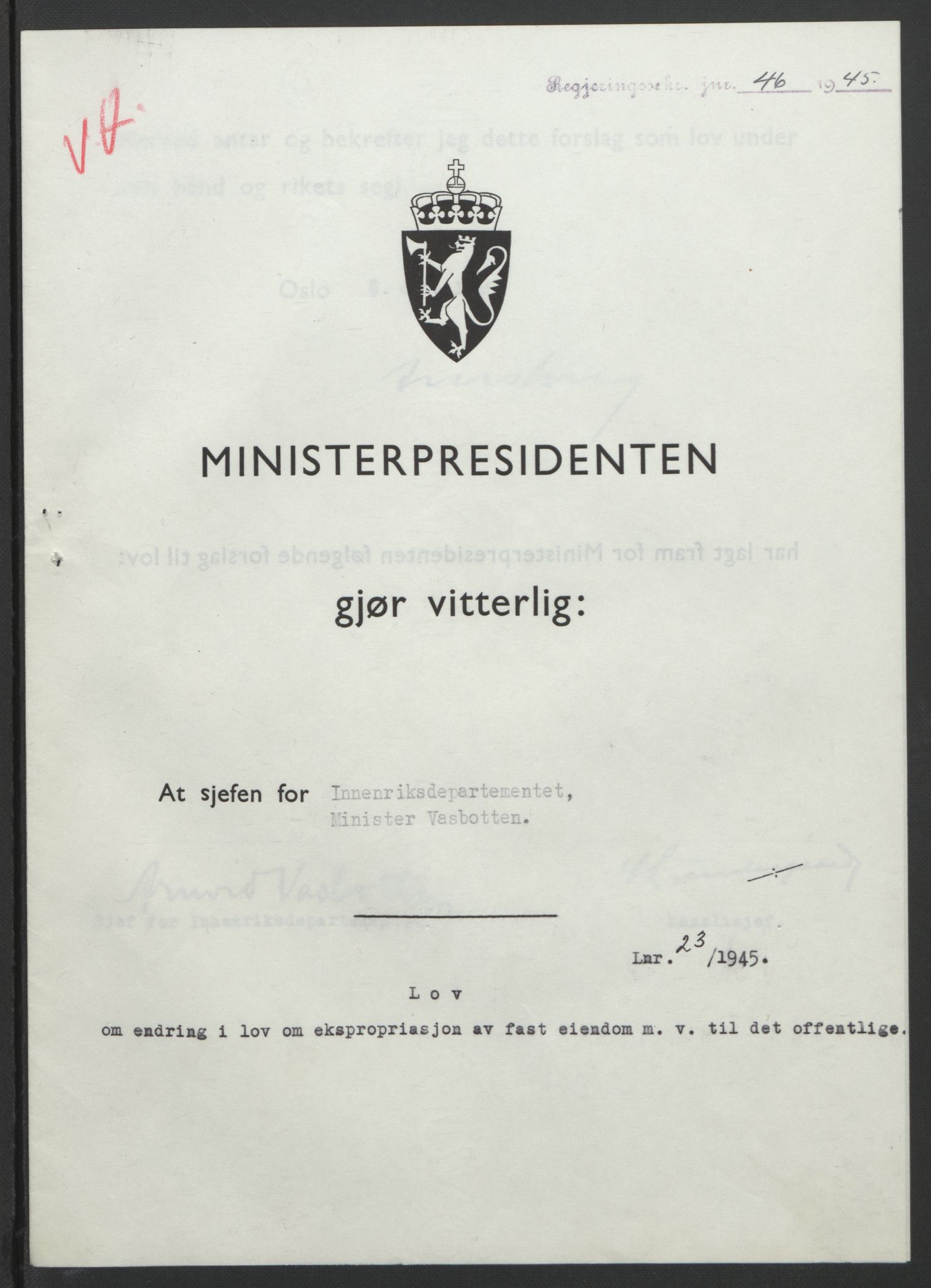 NS-administrasjonen 1940-1945 (Statsrådsekretariatet, de kommisariske statsråder mm), AV/RA-S-4279/D/Db/L0101/0001: -- / Lover og vedtak, 1945, p. 94