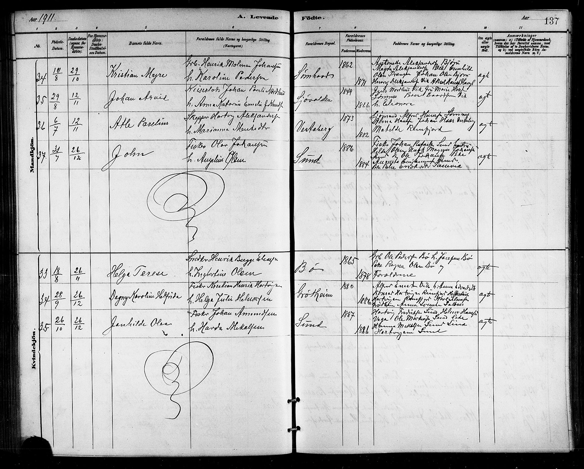 Ministerialprotokoller, klokkerbøker og fødselsregistre - Nordland, SAT/A-1459/812/L0188: Parish register (copy) no. 812C06, 1884-1912, p. 137