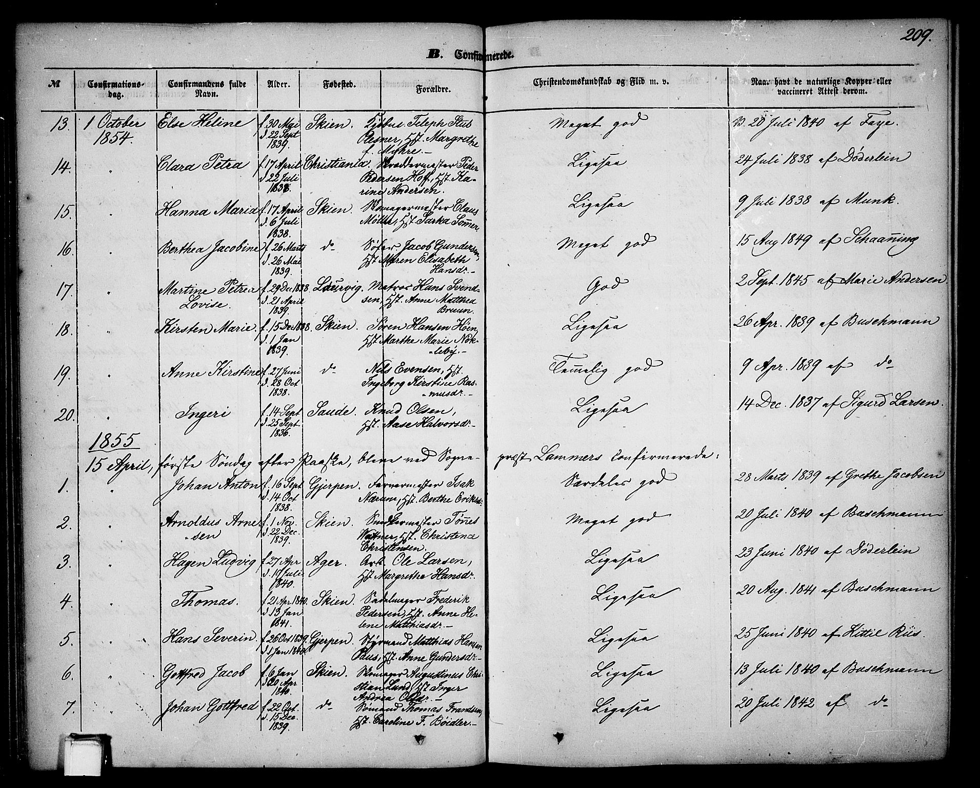 Skien kirkebøker, SAKO/A-302/G/Ga/L0004: Parish register (copy) no. 4, 1843-1867, p. 209