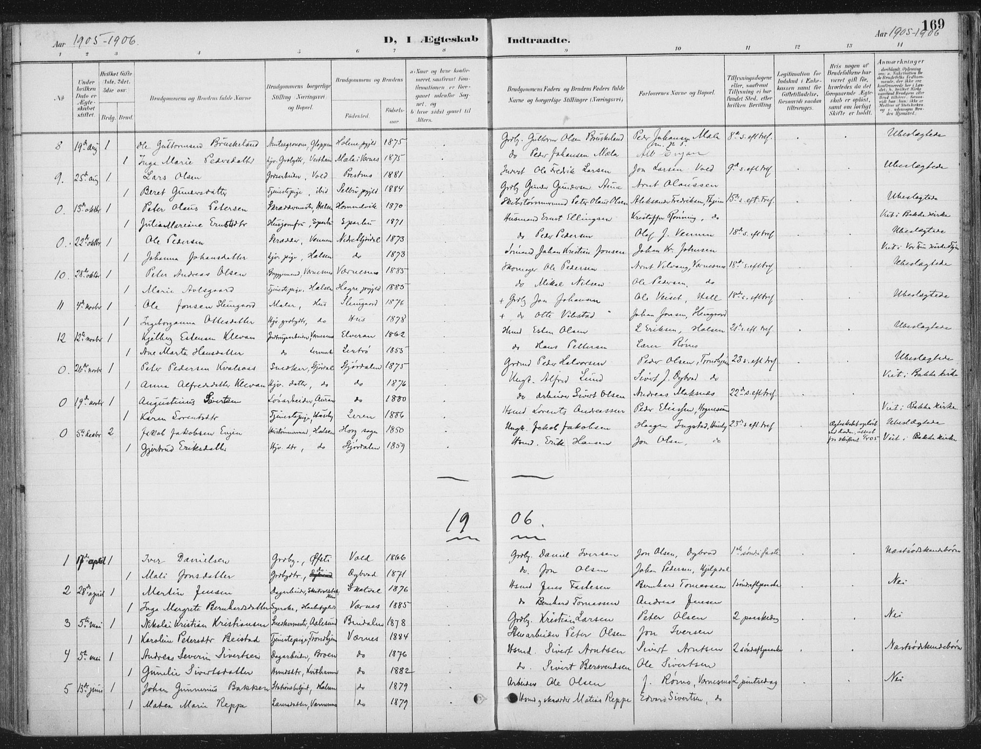 Ministerialprotokoller, klokkerbøker og fødselsregistre - Nord-Trøndelag, SAT/A-1458/709/L0082: Parish register (official) no. 709A22, 1896-1916, p. 169